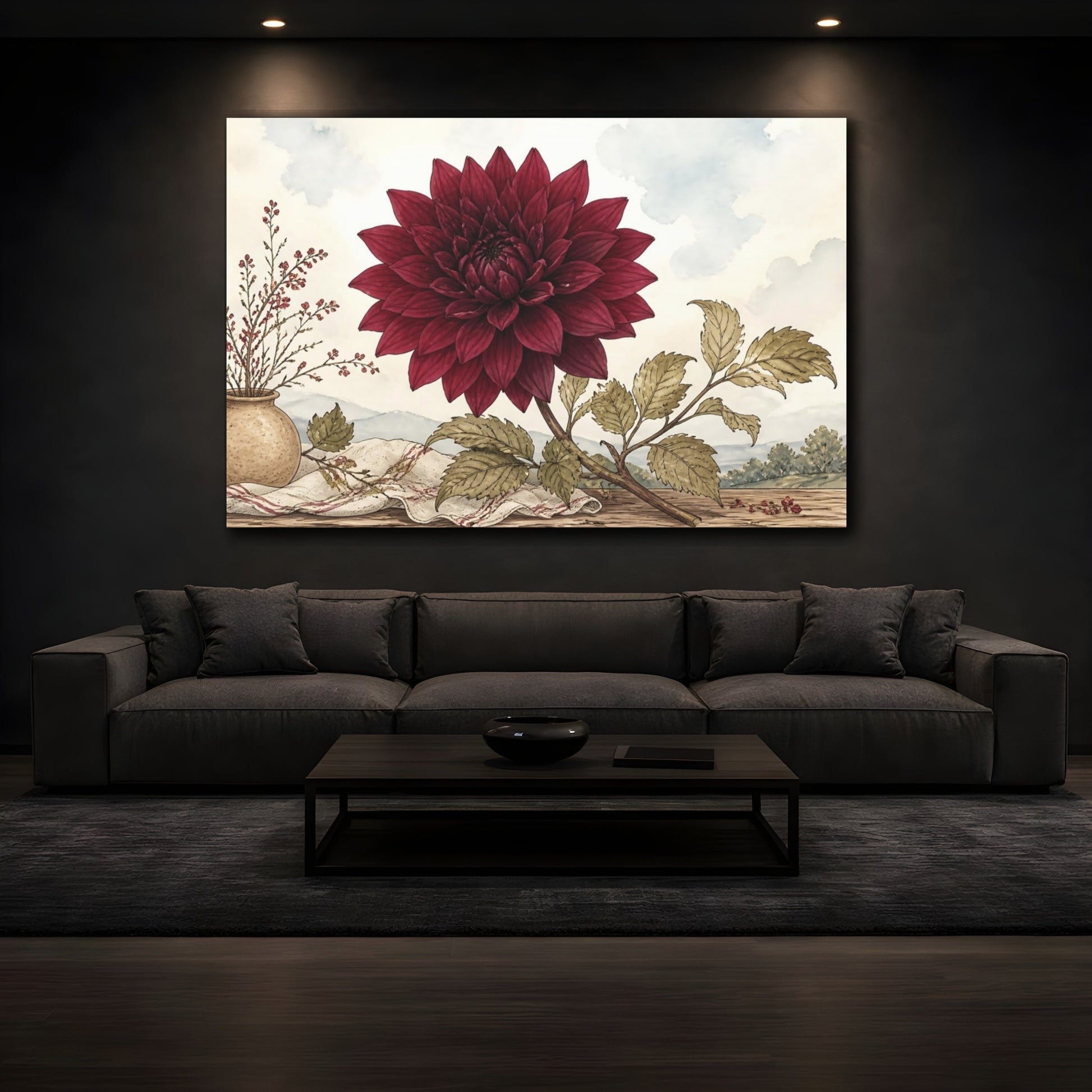 Mockup 3. Floral Dahlia Flower Red Dahlia shown as stretched canvas wall art