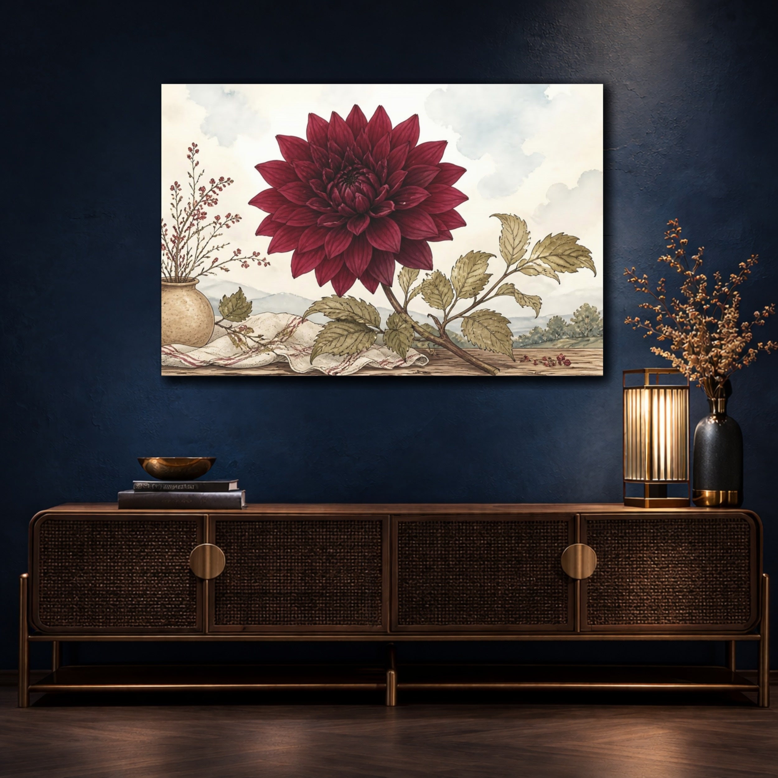 Mockup 4. Floral Dahlia Flower Red Dahlia shown as stretched canvas wall art