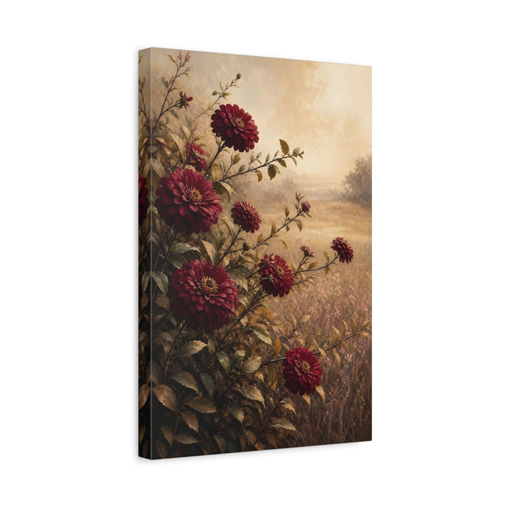 Side Mockup 4. Floral Dahlia Flowers Burgundy Floral shown as stretched canvas wall art