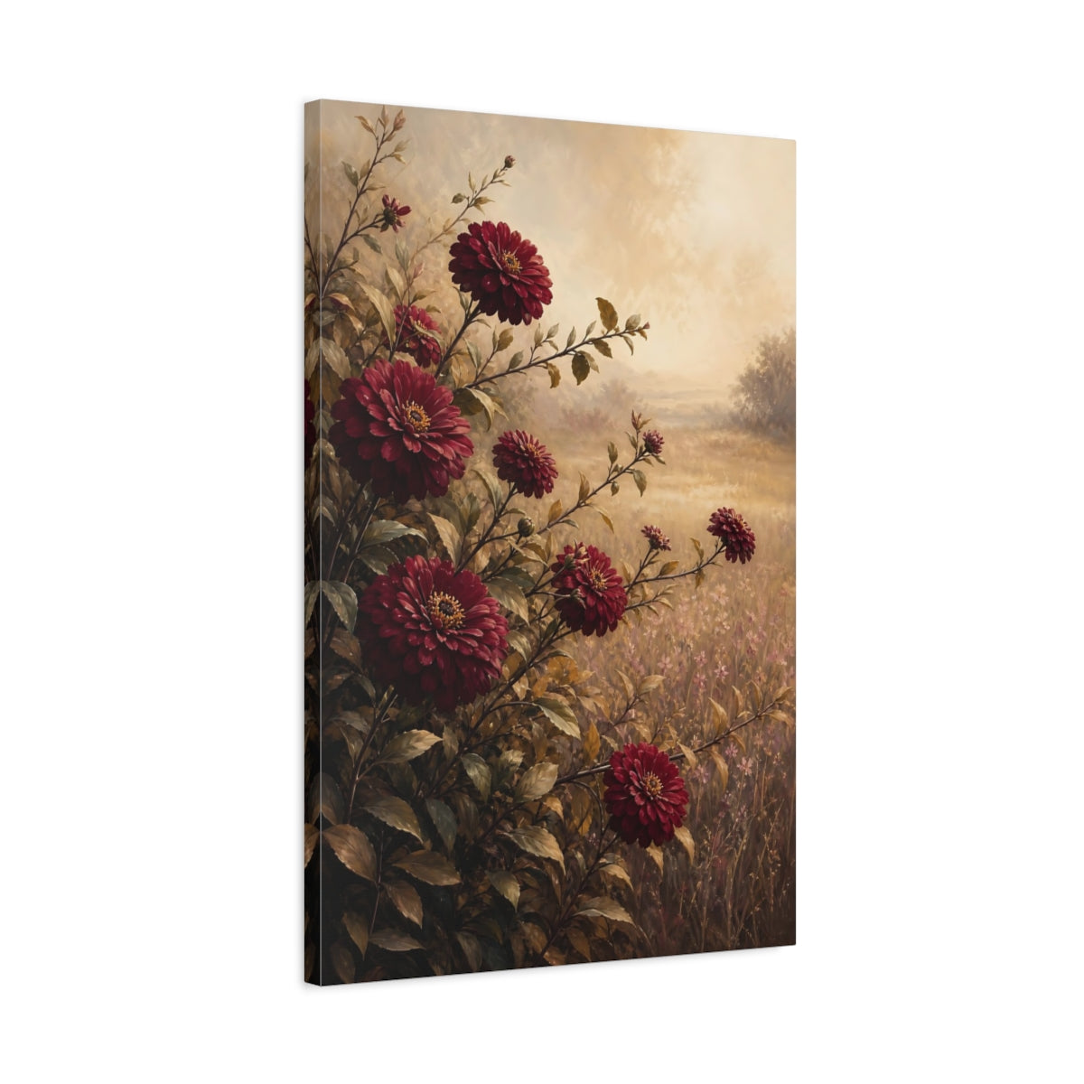 Side Mockup 2. Floral Dahlia Flowers Burgundy Floral shown as stretched canvas wall art