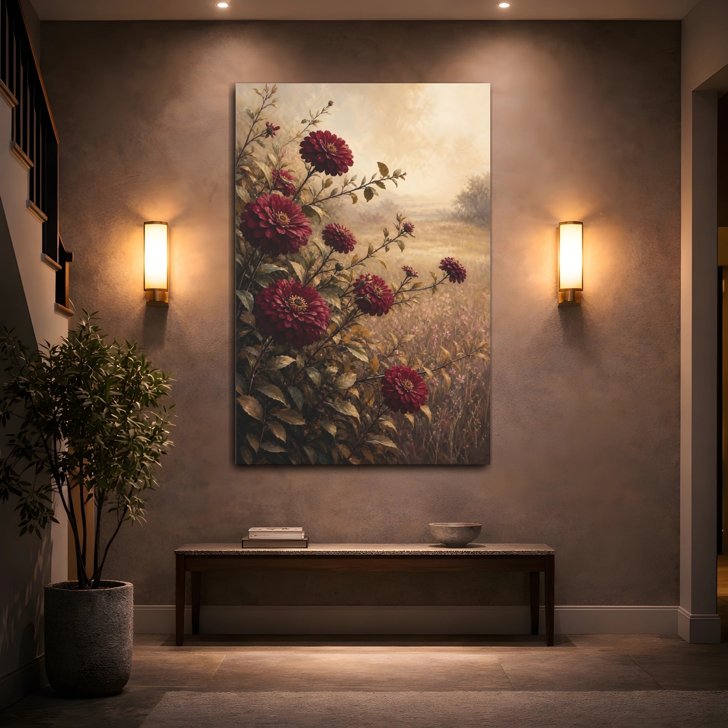 Mockup 2. Floral Dahlia Flowers Burgundy Floral shown as stretched canvas wall art