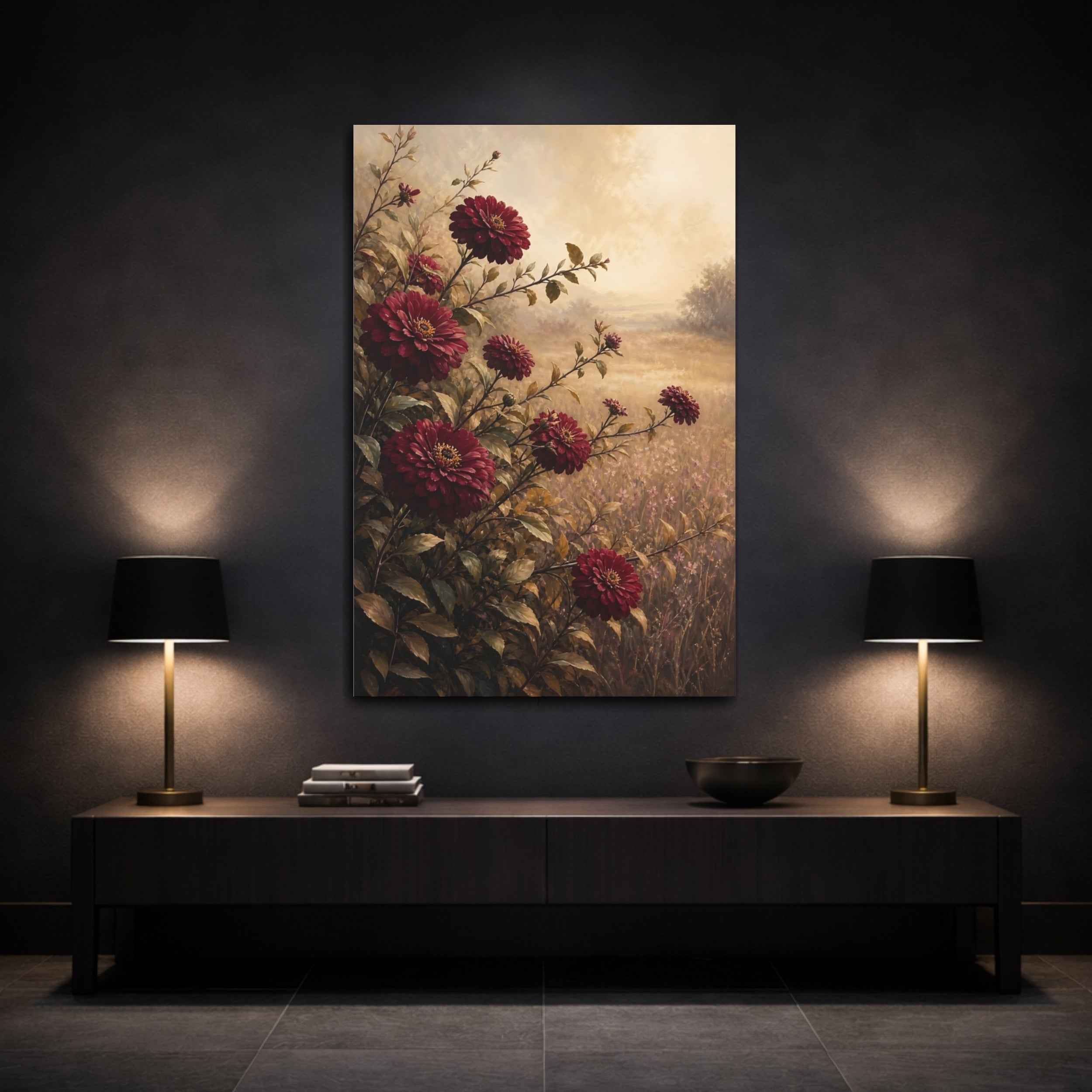 Mockup 3. Floral Dahlia Flowers Burgundy Floral shown as stretched canvas wall art