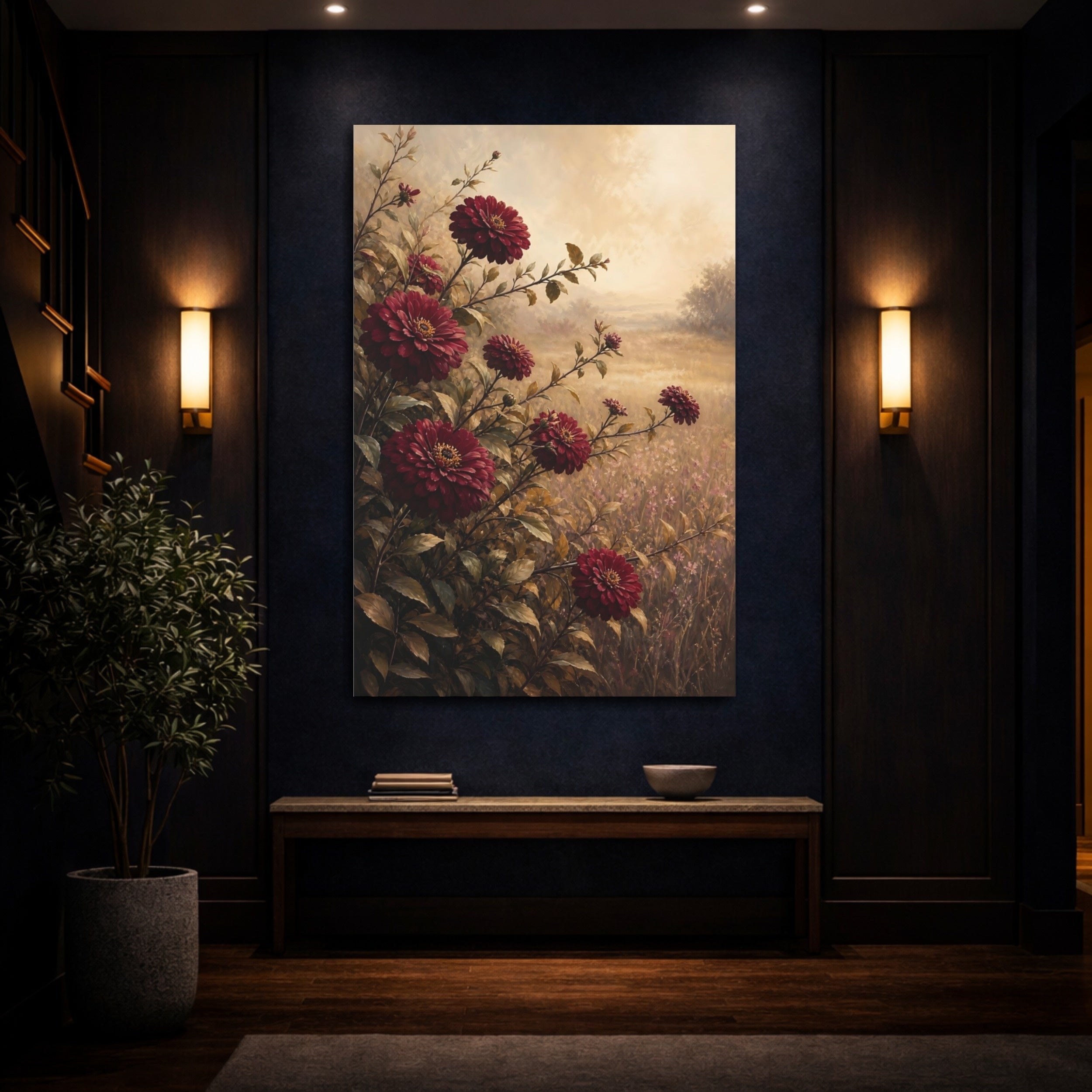 Mockup 4. Floral Dahlia Flowers Burgundy Floral shown as stretched canvas wall art