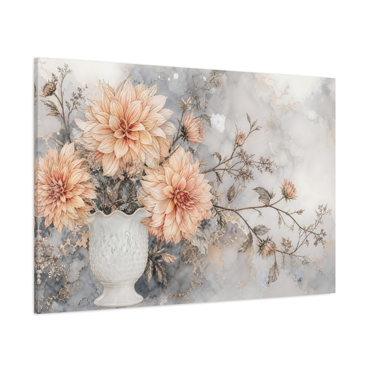 Side Mockup 1. Floral Dahlia Flowers Peach And Gray Floral shown as stretched canvas wall art