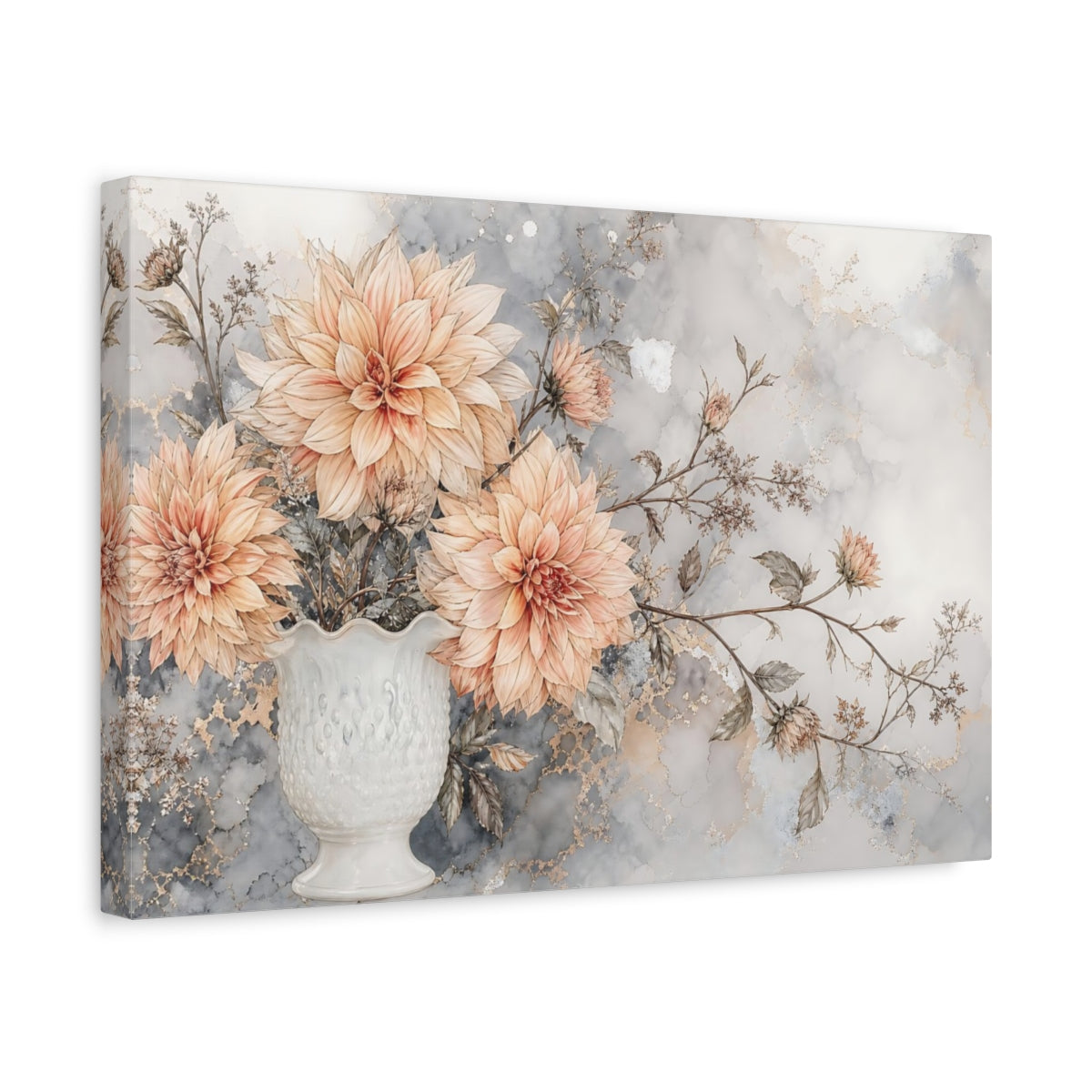Side Mockup 4. Floral Dahlia Flowers Peach And Gray Floral shown as stretched canvas wall art