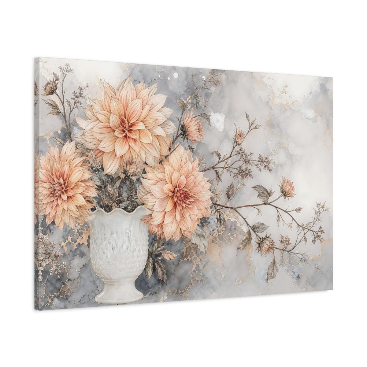 Main Mockup. Floral Dahlia Flowers Peach And Gray Floral shown as stretched canvas wall art