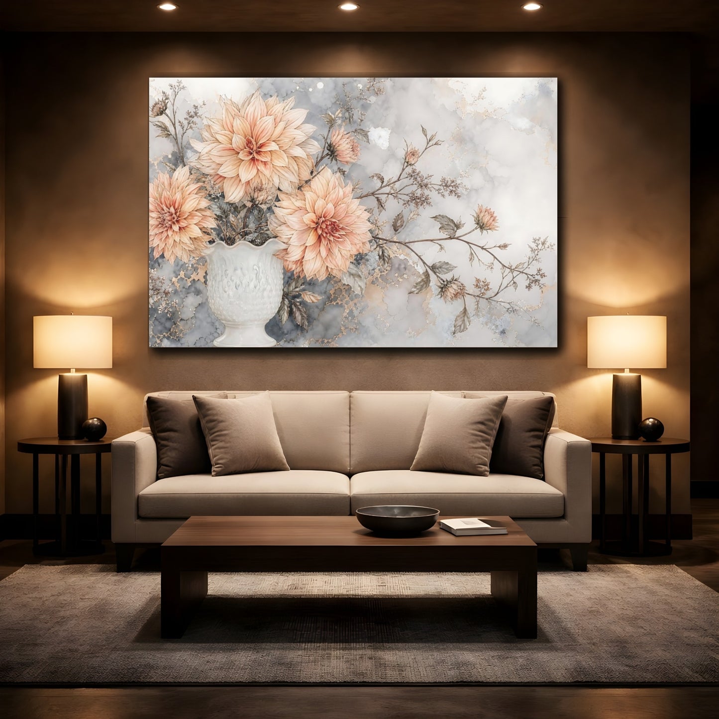 Mockup 2. Floral Dahlia Flowers Peach And Gray Floral shown as stretched canvas wall art