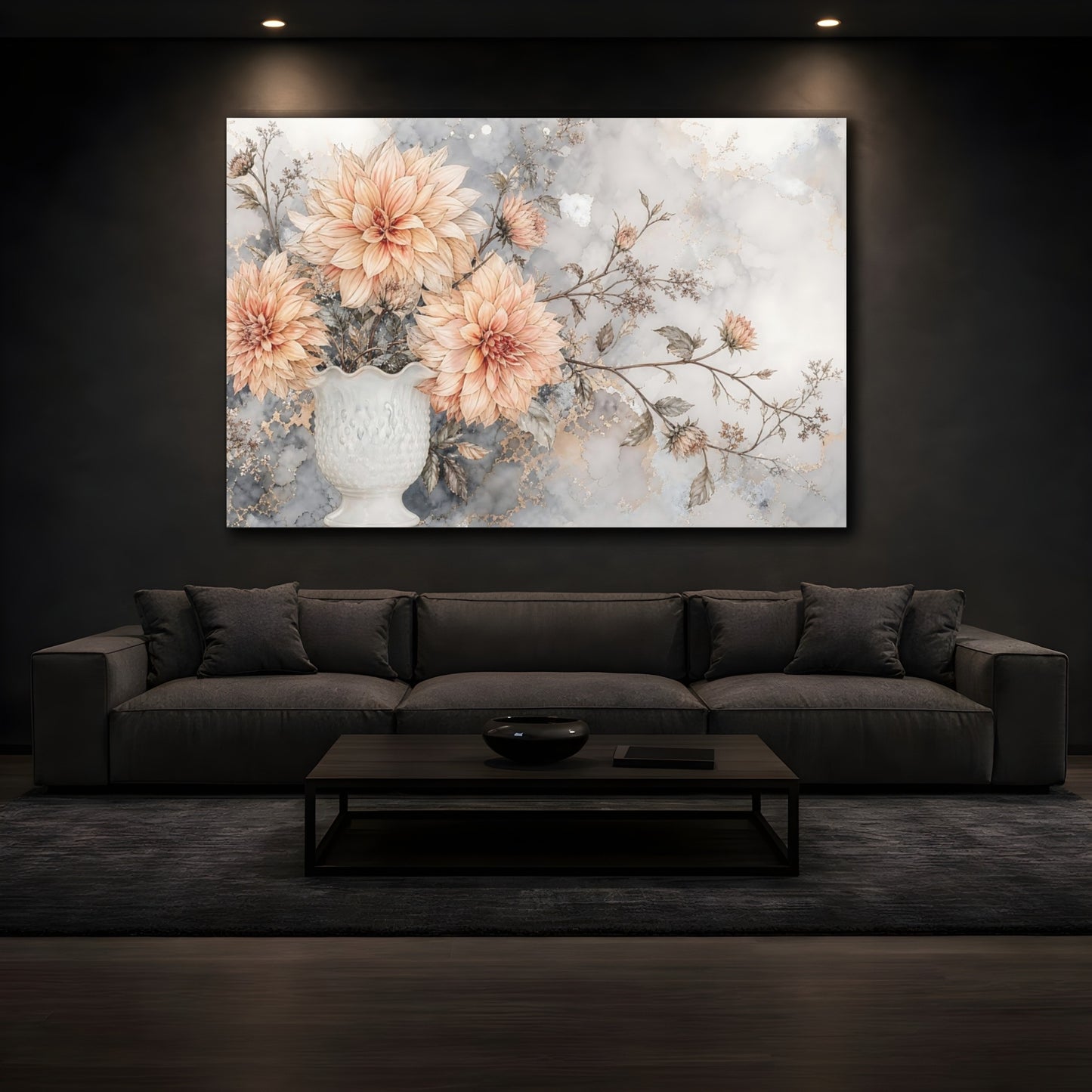 Mockup 3. Floral Dahlia Flowers Peach And Gray Floral shown as stretched canvas wall art