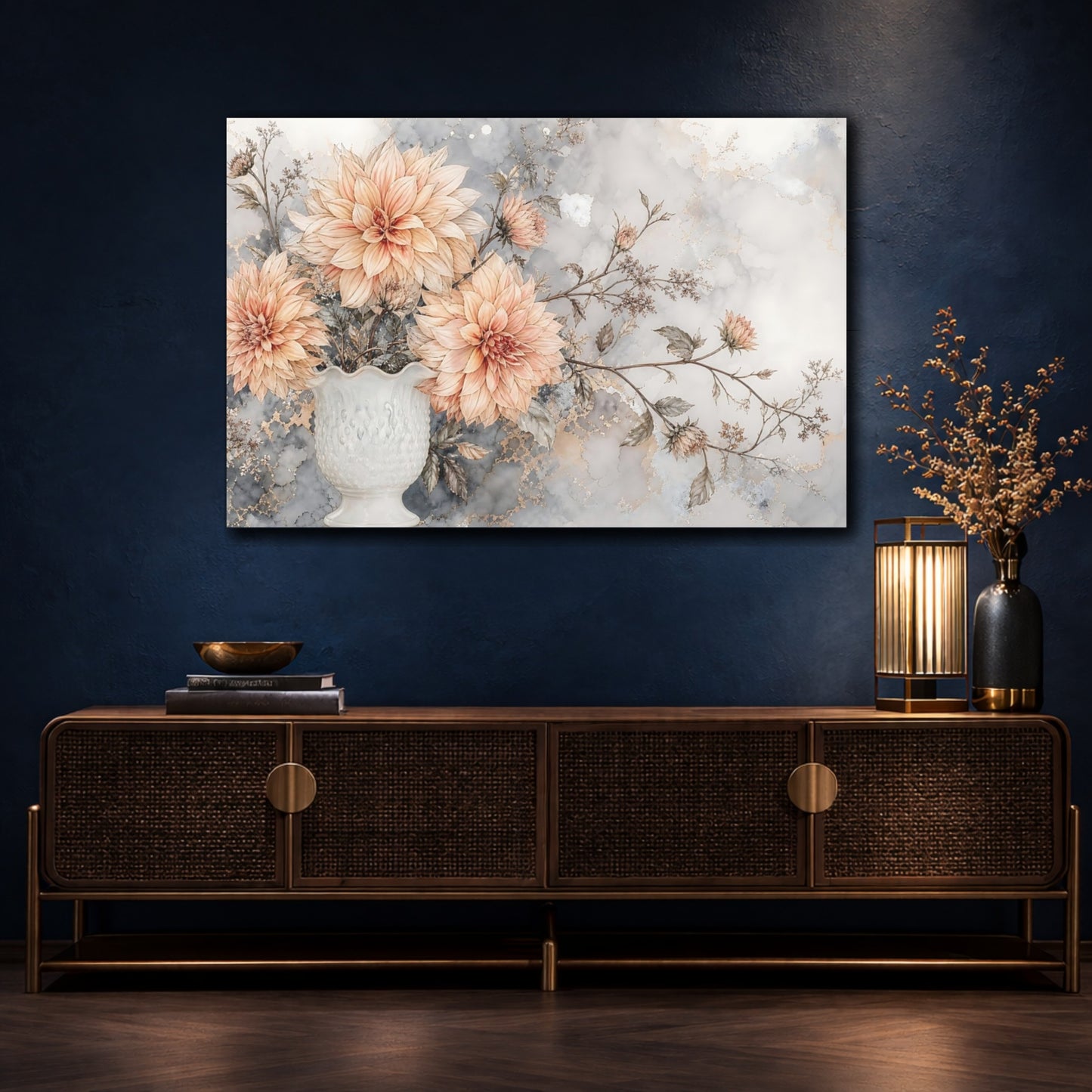 Mockup 4. Floral Dahlia Flowers Peach And Gray Floral shown as stretched canvas wall art