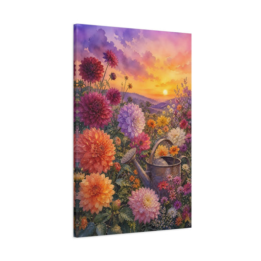 Main Mockup. Floral Dahlia Flowers Vibrant Floral Sunset shown as stretched canvas wall art