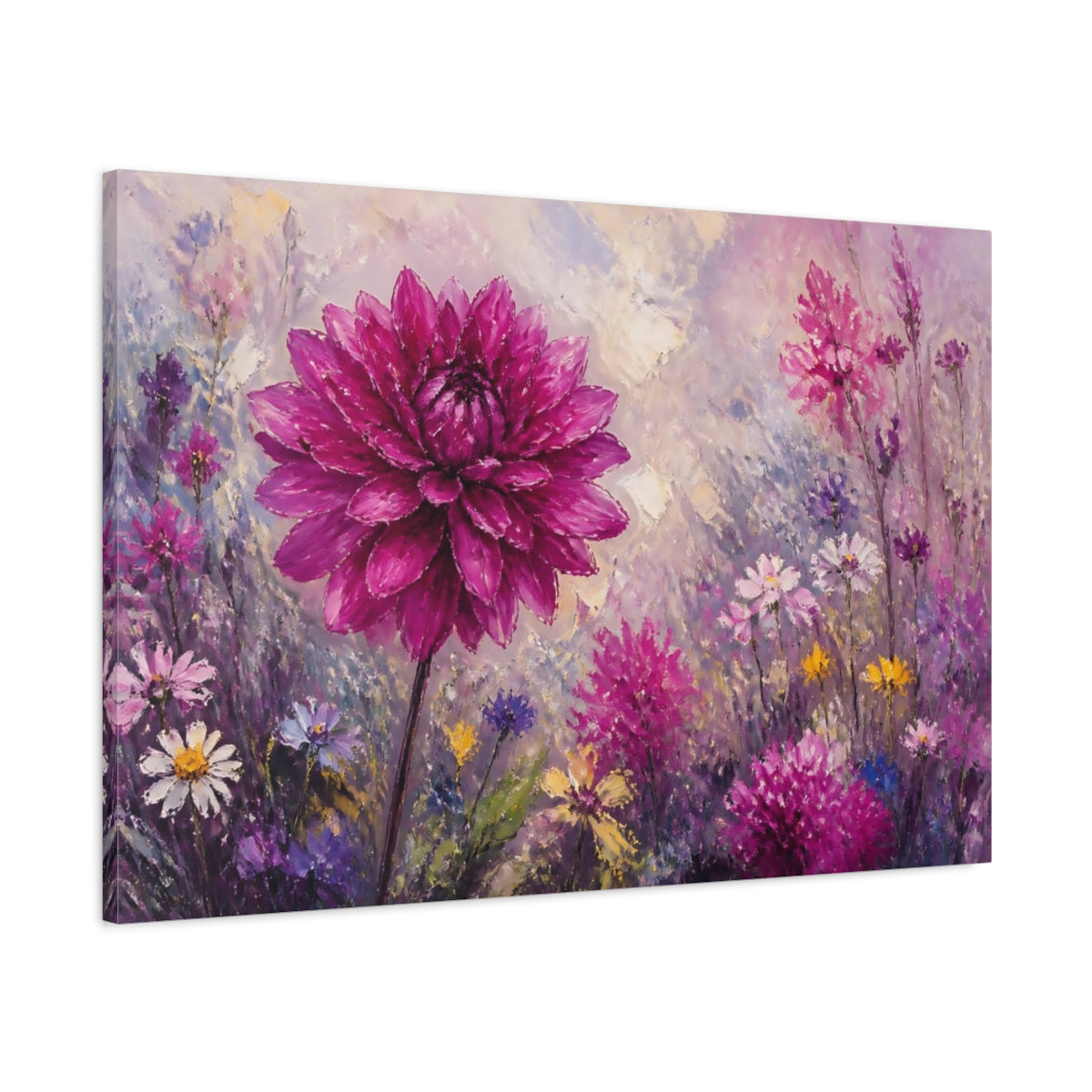 Main Mockup. Floral Dahlia Pink And Purple shown as stretched canvas wall art