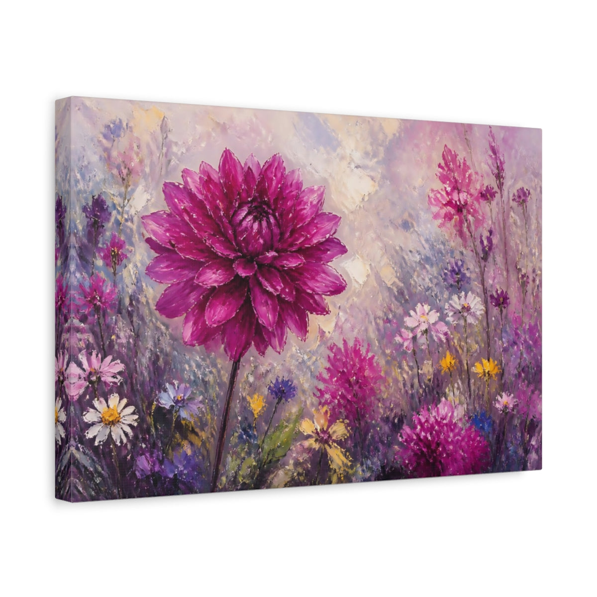 Side Mockup 4. Floral Dahlia Pink And Purple shown as stretched canvas wall art