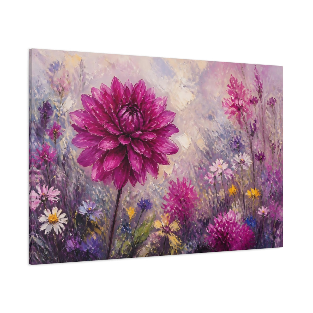 Side Mockup 1. Floral Dahlia Pink And Purple shown as stretched canvas wall art