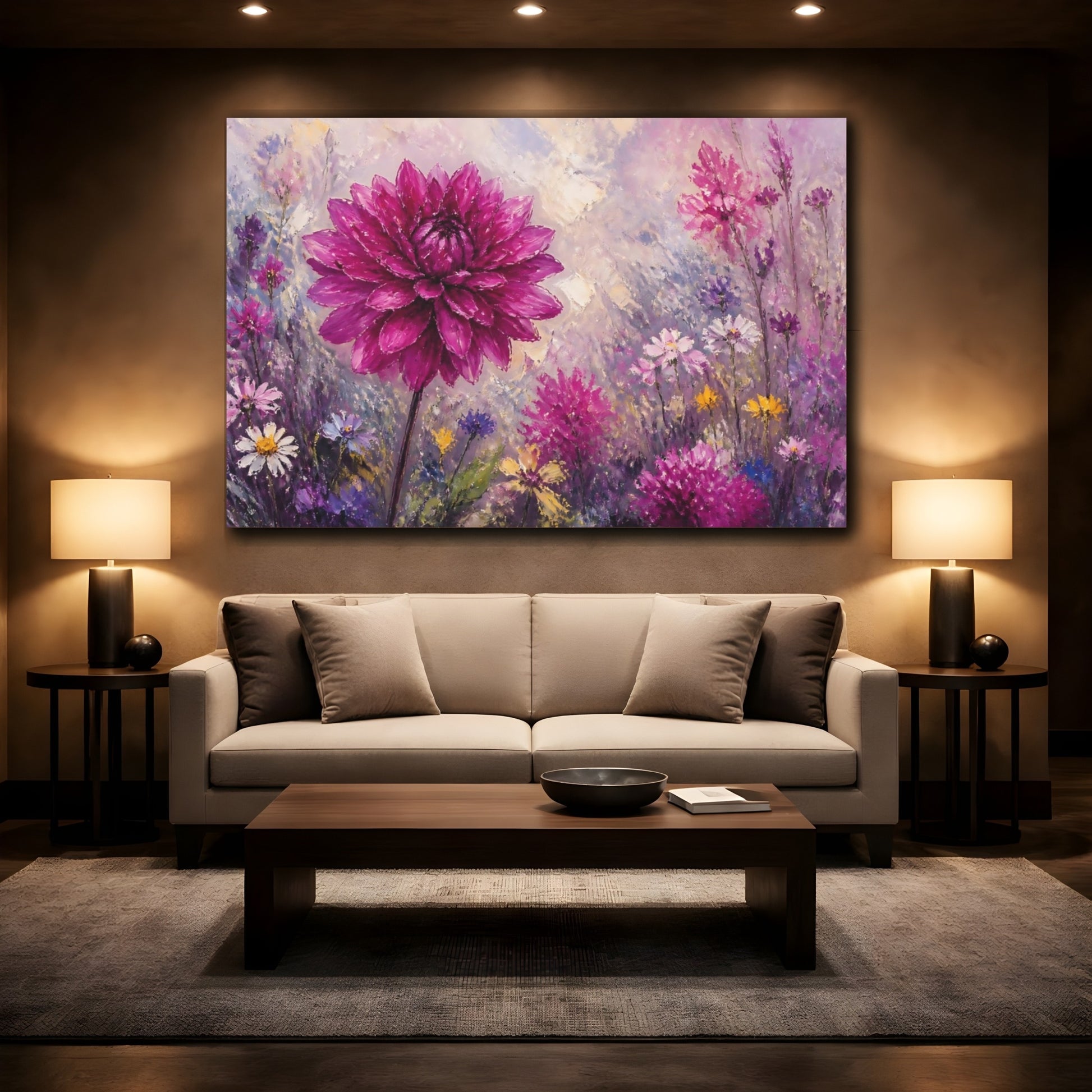 Mockup 2. Floral Dahlia Pink And Purple shown as stretched canvas wall art
