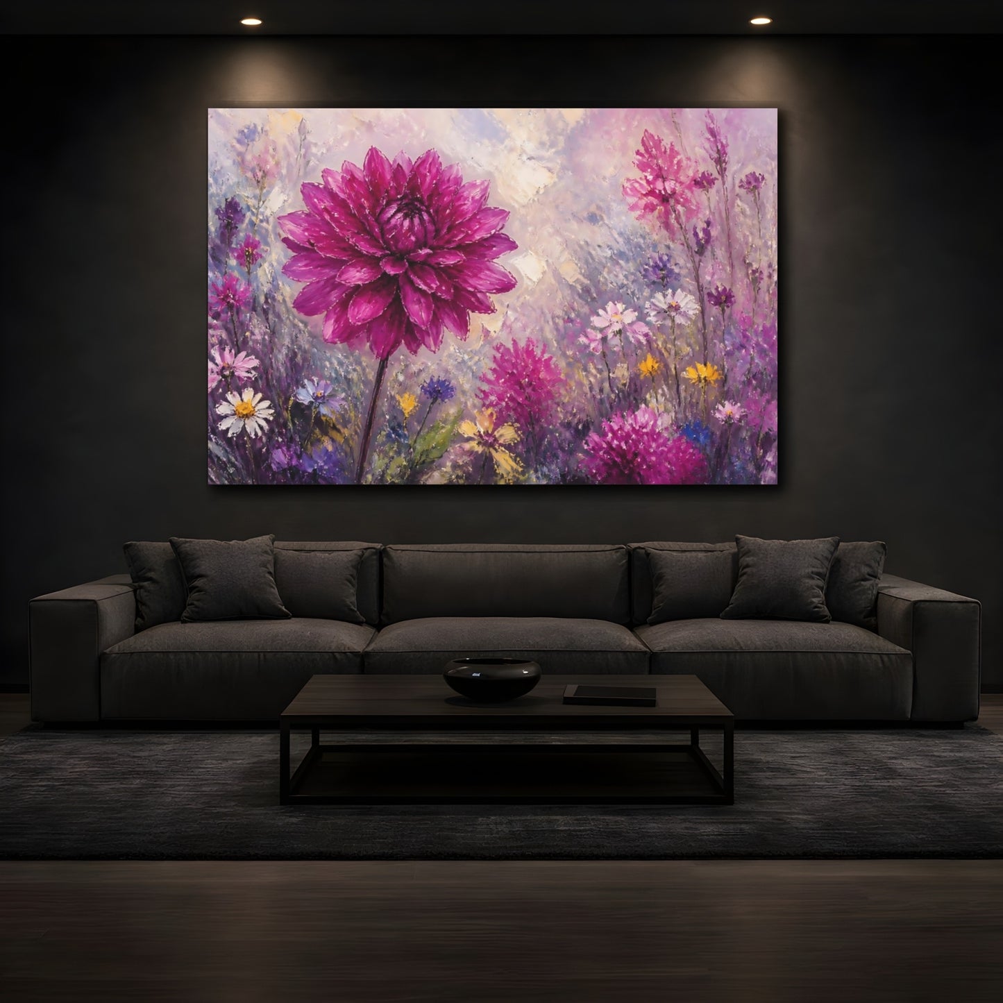 Mockup 3. Floral Dahlia Pink And Purple shown as stretched canvas wall art