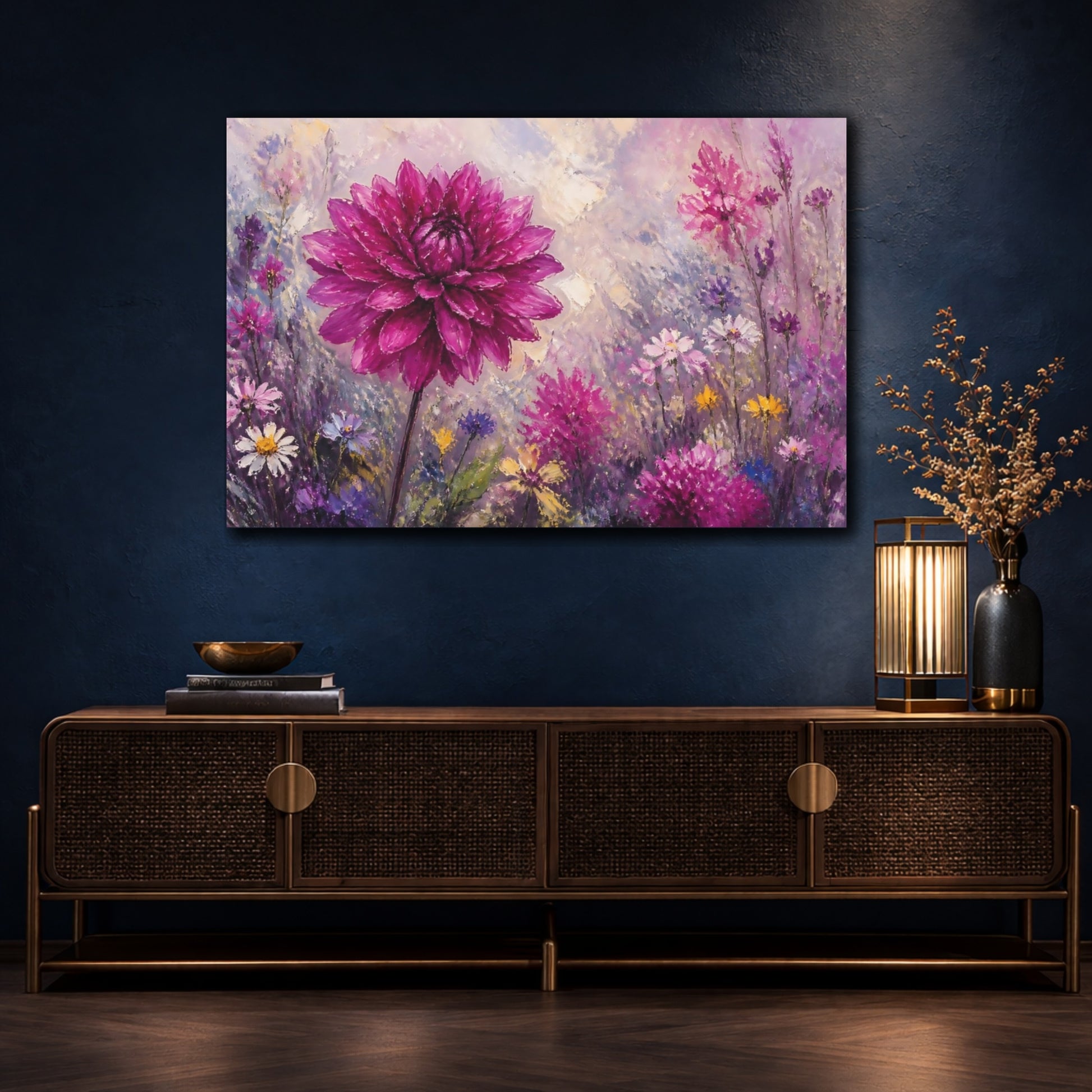 Mockup 4. Floral Dahlia Pink And Purple shown as stretched canvas wall art