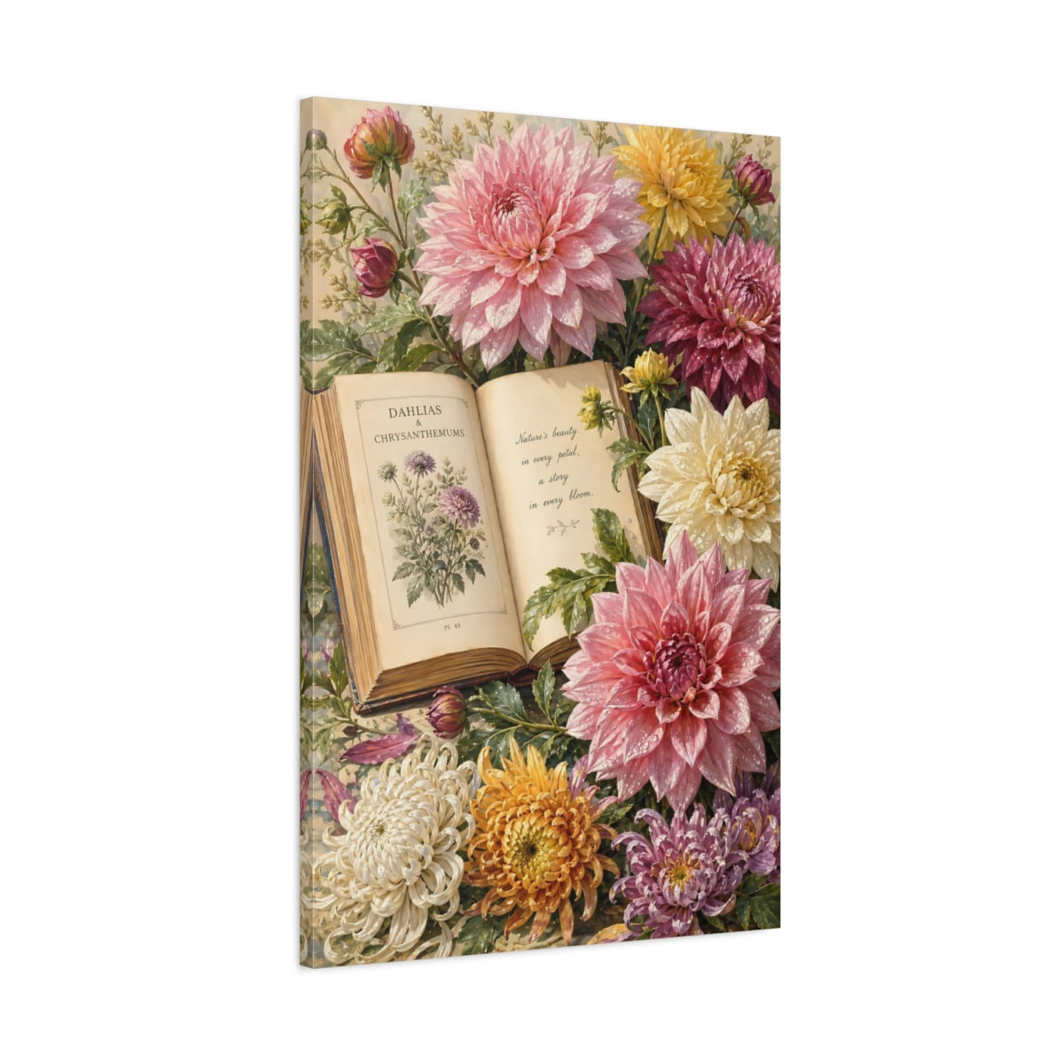 Main Mockup. Floral Dahlias Chrysanthemums Pink Yellow Floral shown as stretched canvas wall art