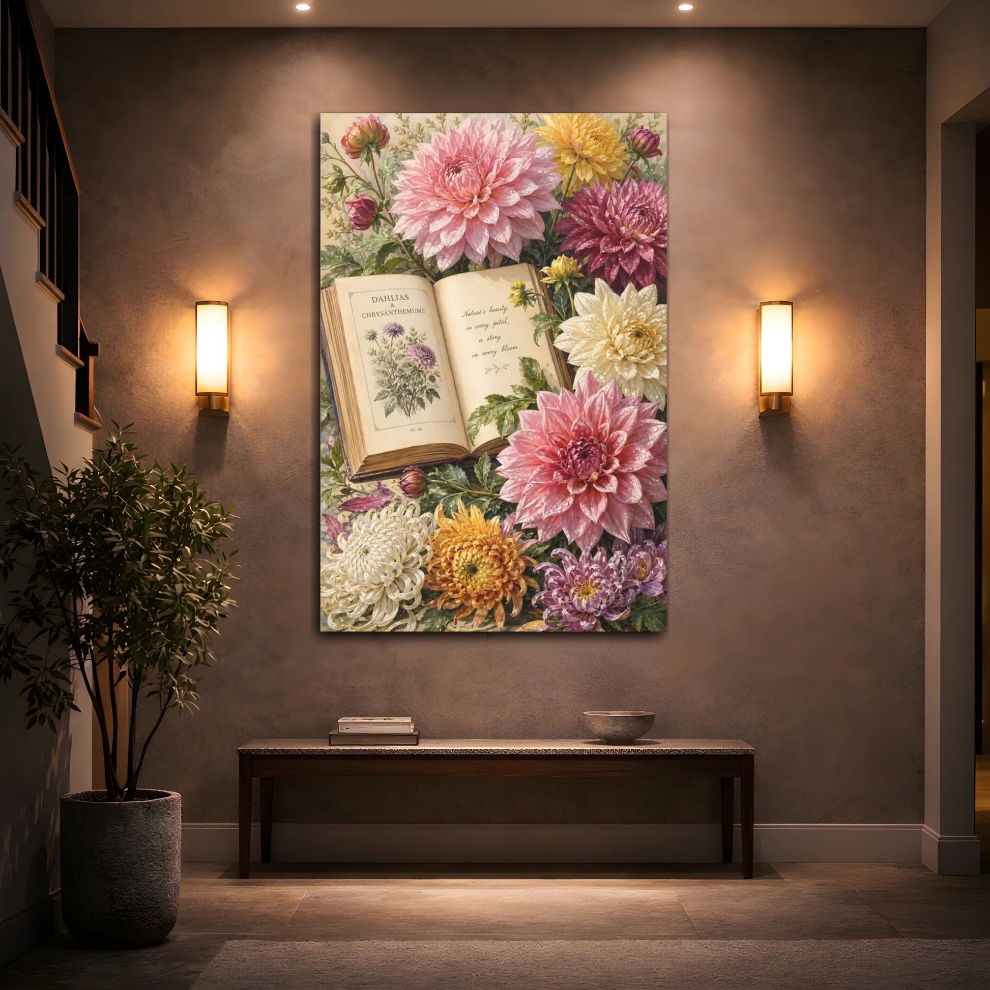 Mockup 2. Floral Dahlias Chrysanthemums Pink Yellow Floral shown as stretched canvas wall art
