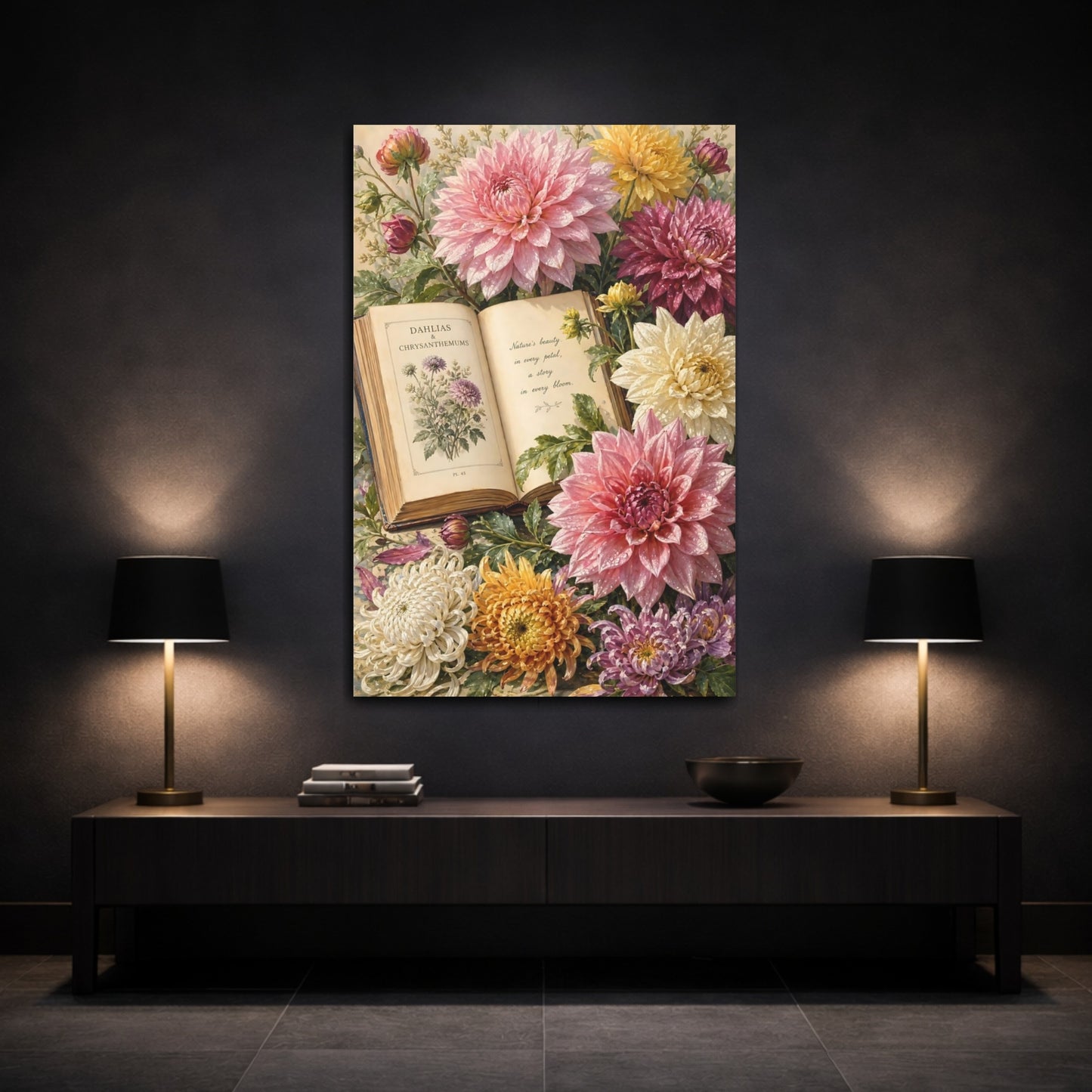 Mockup 3. Floral Dahlias Chrysanthemums Pink Yellow Floral shown as stretched canvas wall art