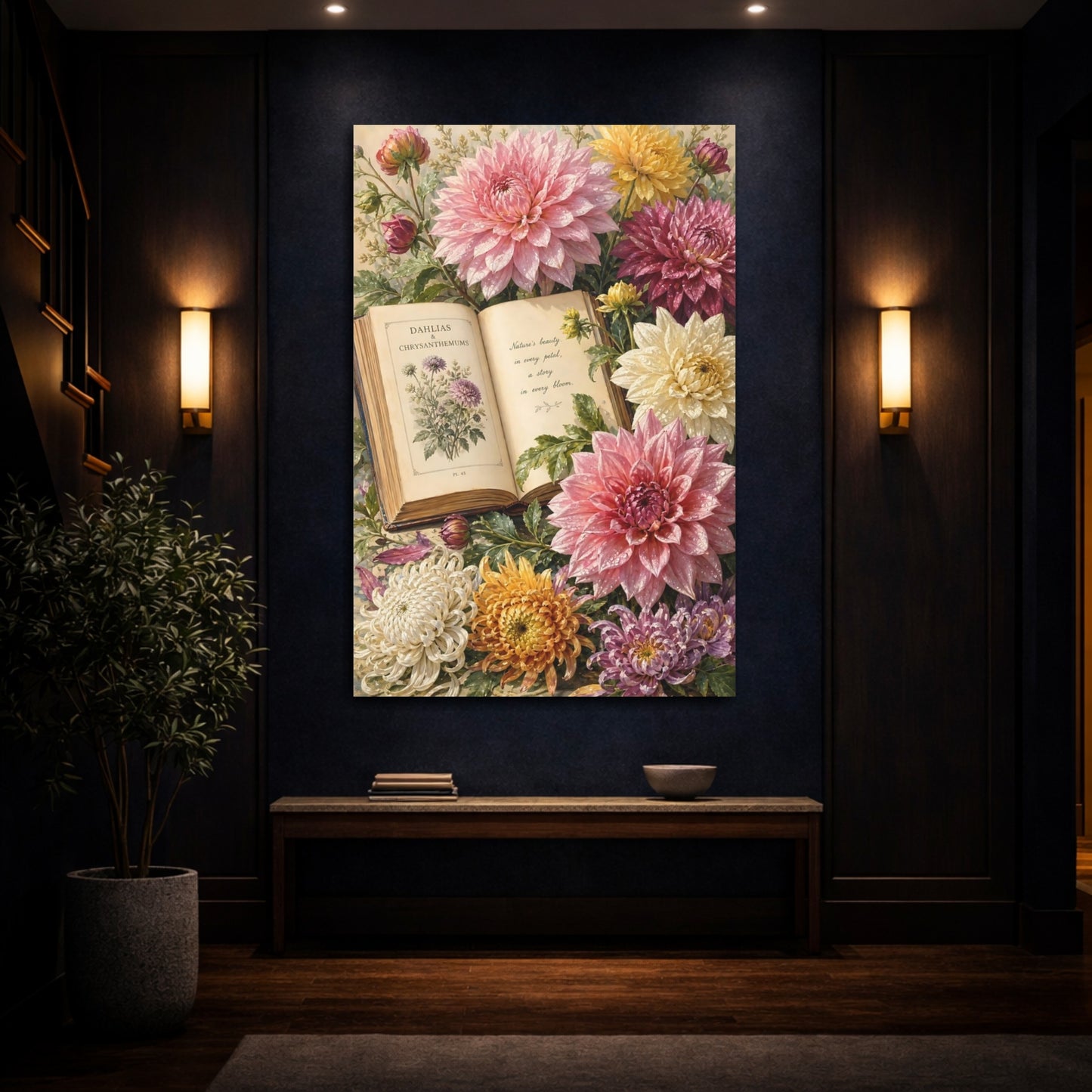Mockup 4. Floral Dahlias Chrysanthemums Pink Yellow Floral shown as stretched canvas wall art
