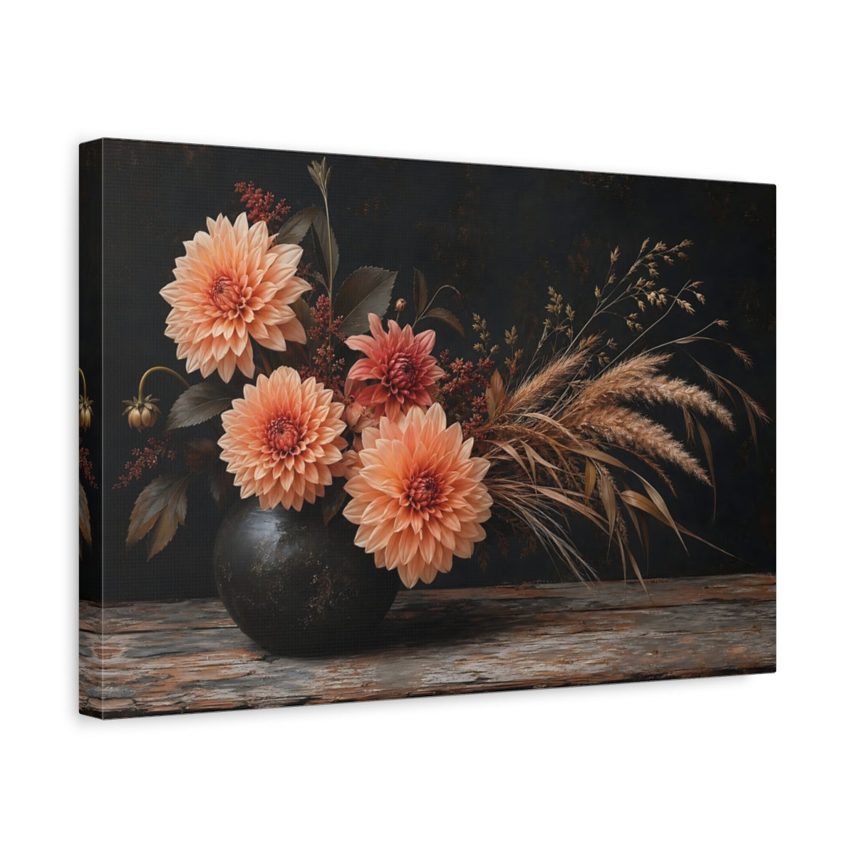 Side Mockup 4. Floral Dahlias Dark Floral Arrangement shown as stretched canvas wall art
