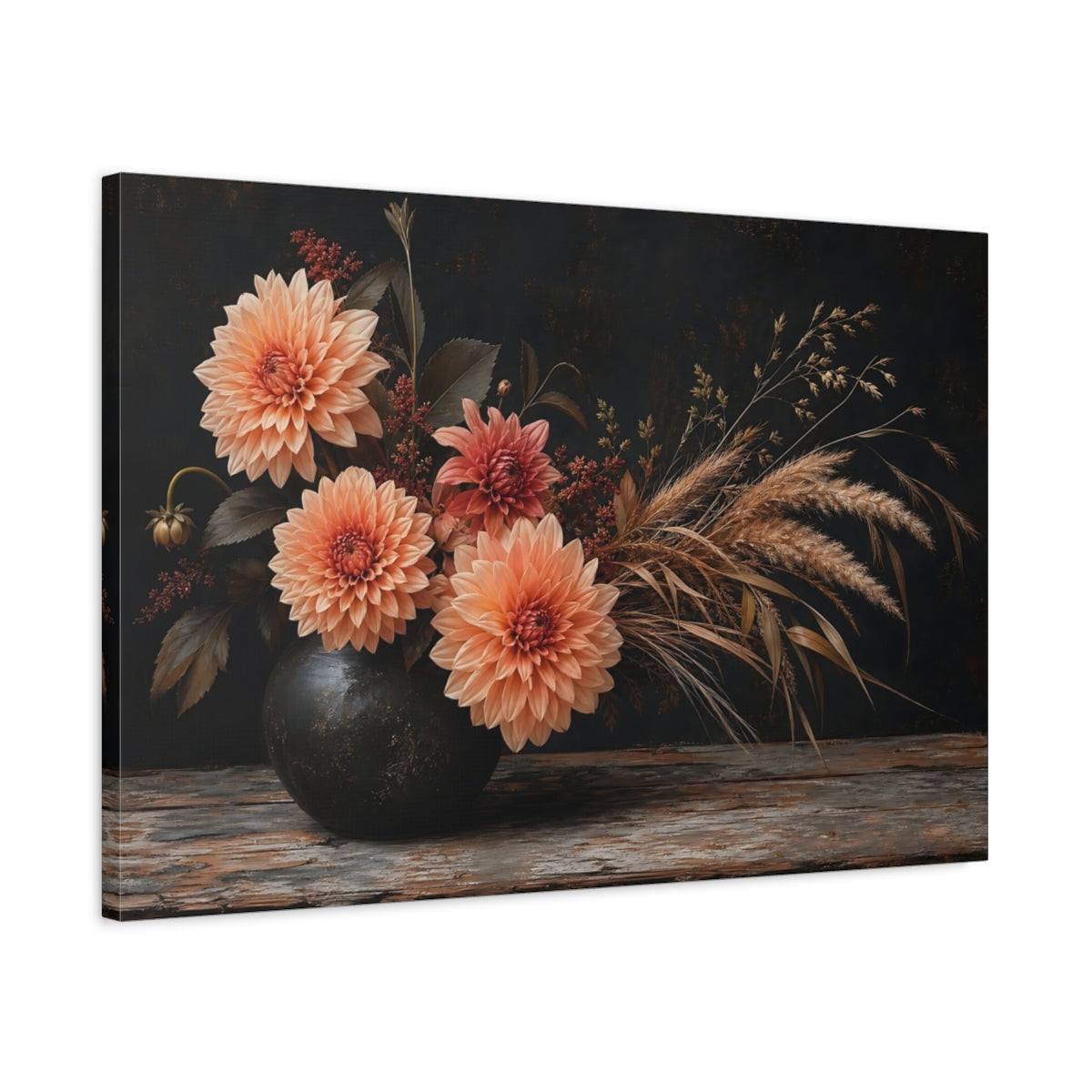 Side Mockup 2. Floral Dahlias Dark Floral Arrangement shown as stretched canvas wall art