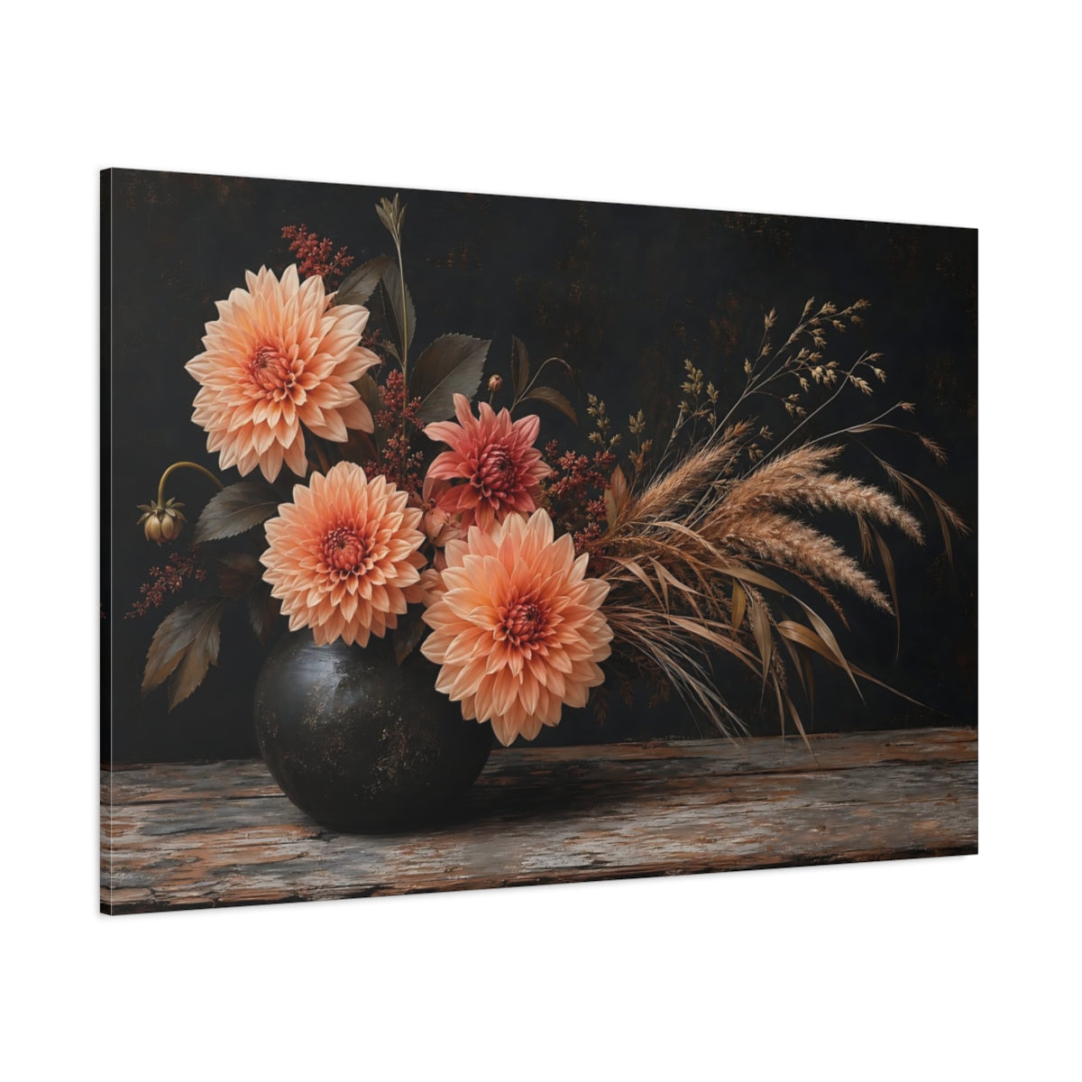 Side Mockup 1. Floral Dahlias Dark Floral Arrangement shown as stretched canvas wall art