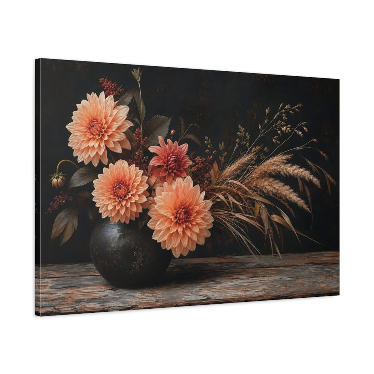 Main Mockup. Floral Dahlias Dark Floral Arrangement shown as stretched canvas wall art