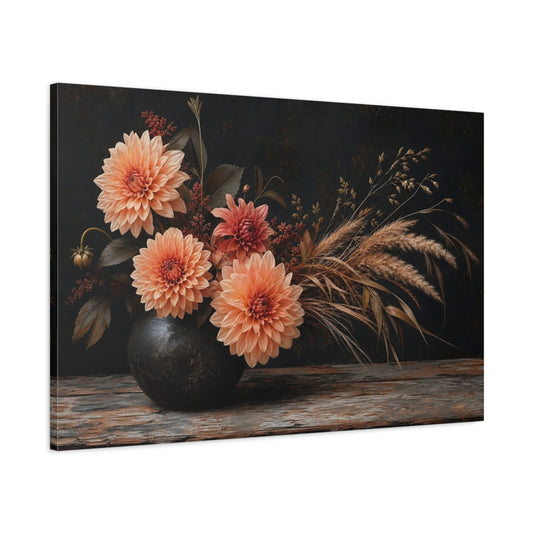Main Mockup. Floral Dahlias Dark Floral Arrangement shown as stretched canvas wall art