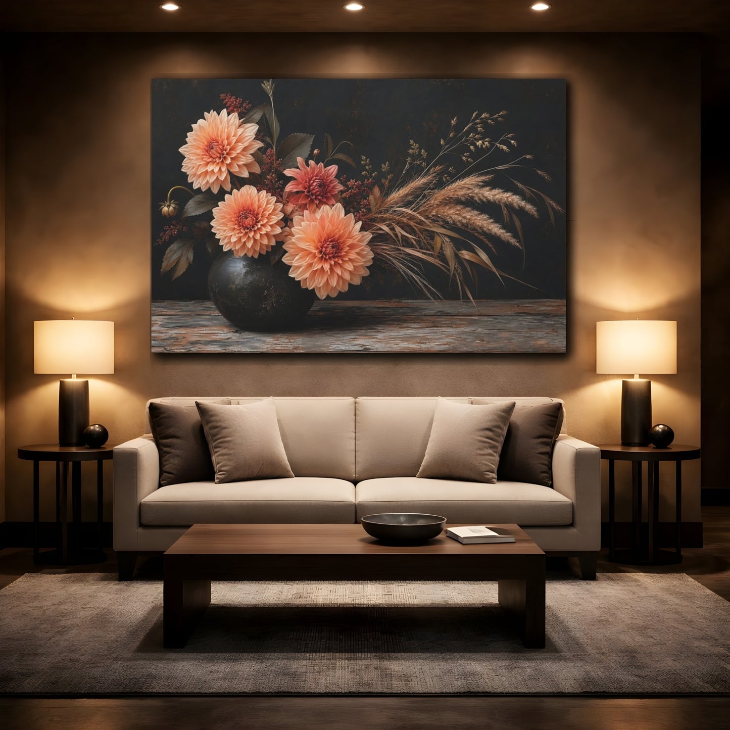 Mockup 2. Floral Dahlias Dark Floral Arrangement shown as stretched canvas wall art