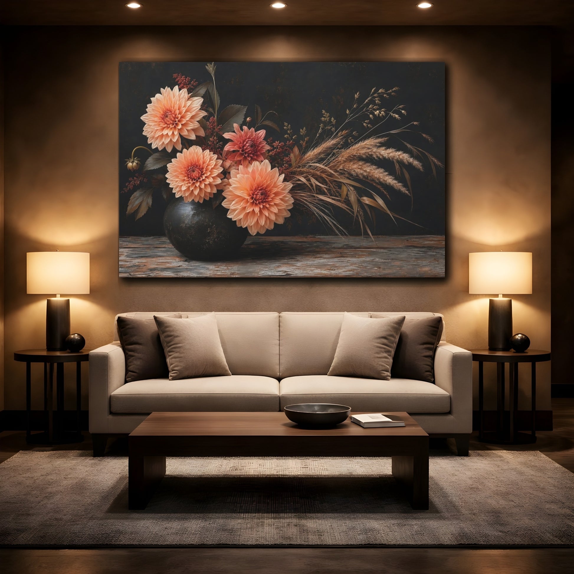 Mockup 2. Floral Dahlias Dark Floral Arrangement shown as stretched canvas wall art