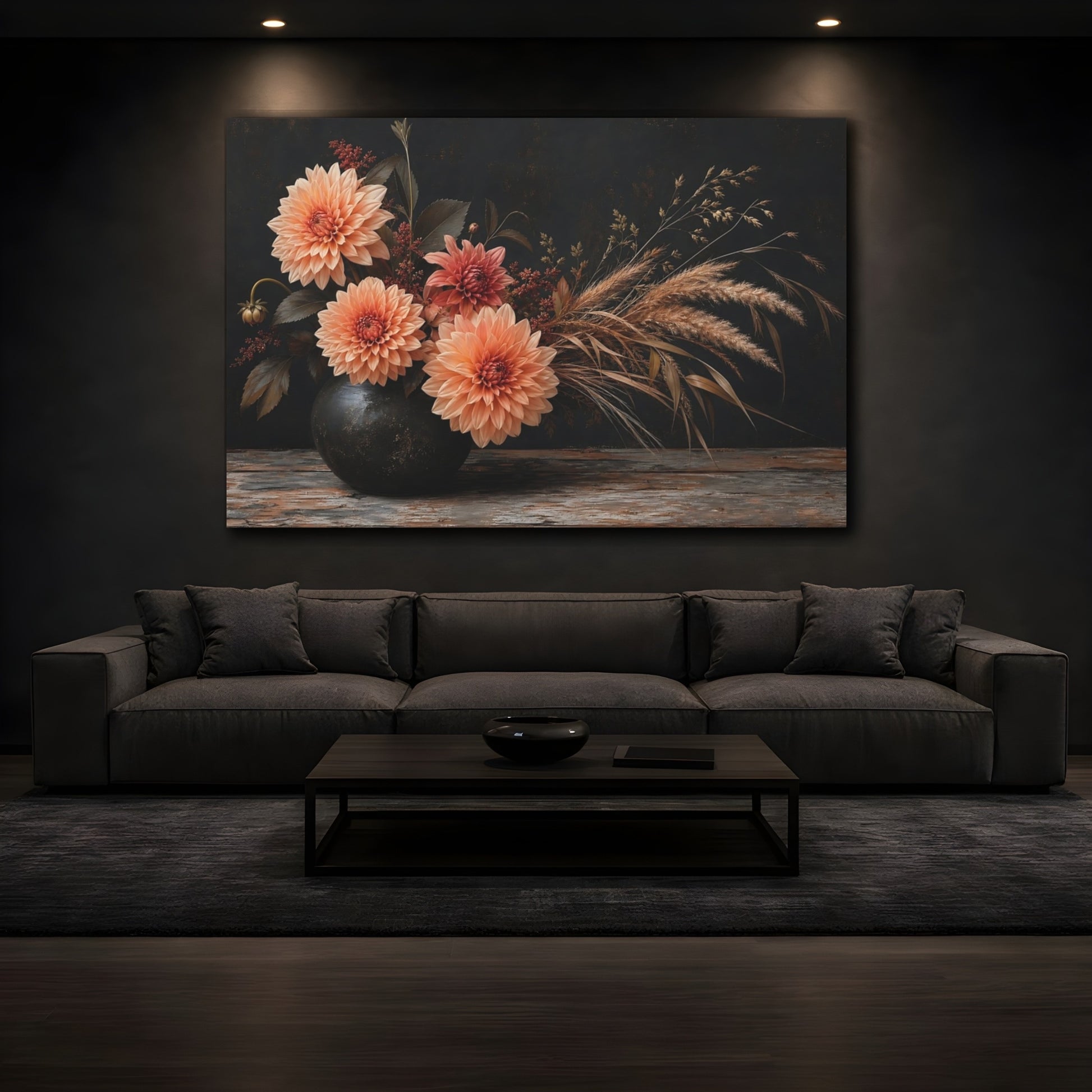Mockup 3. Floral Dahlias Dark Floral Arrangement shown as stretched canvas wall art