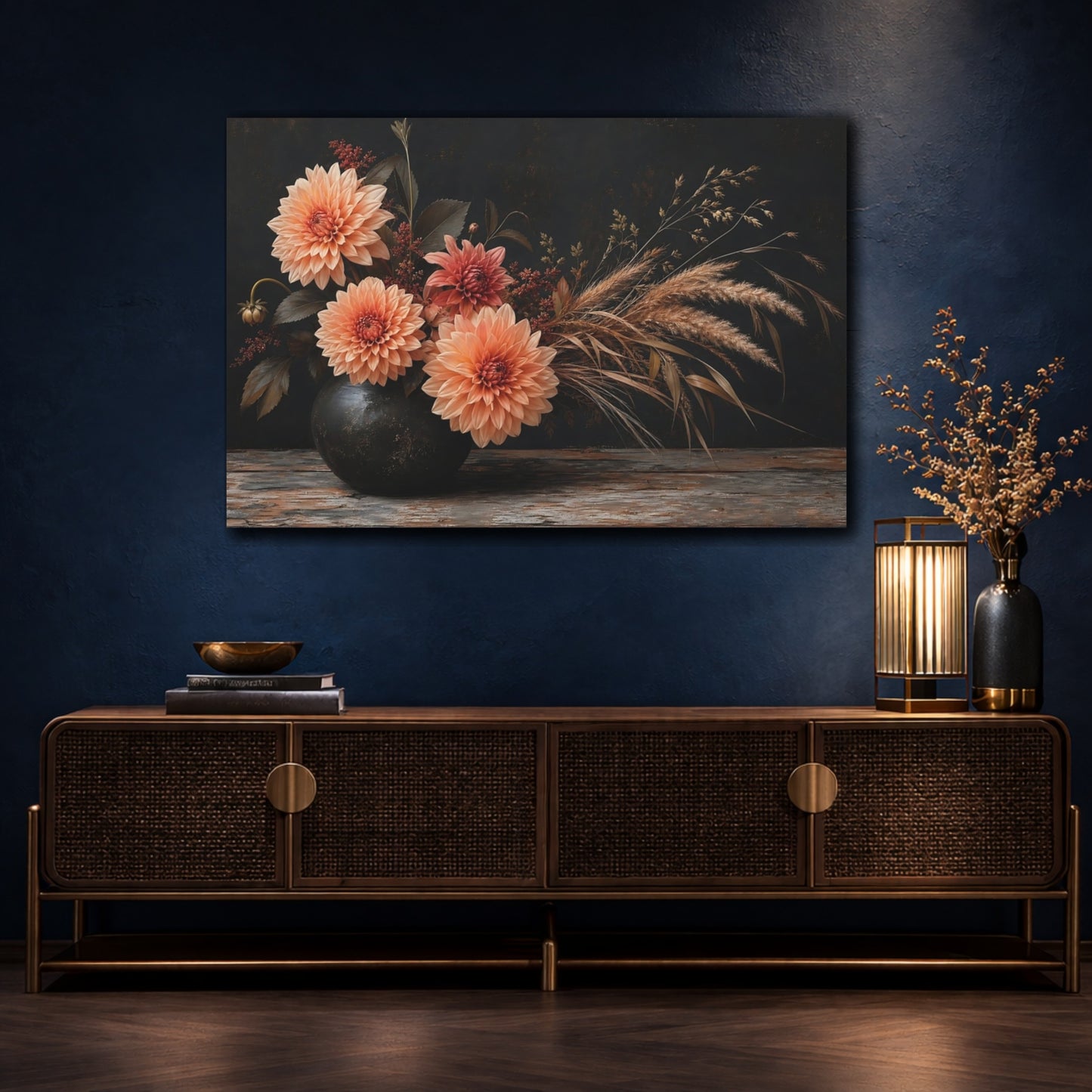 Mockup 4. Floral Dahlias Dark Floral Arrangement shown as stretched canvas wall art