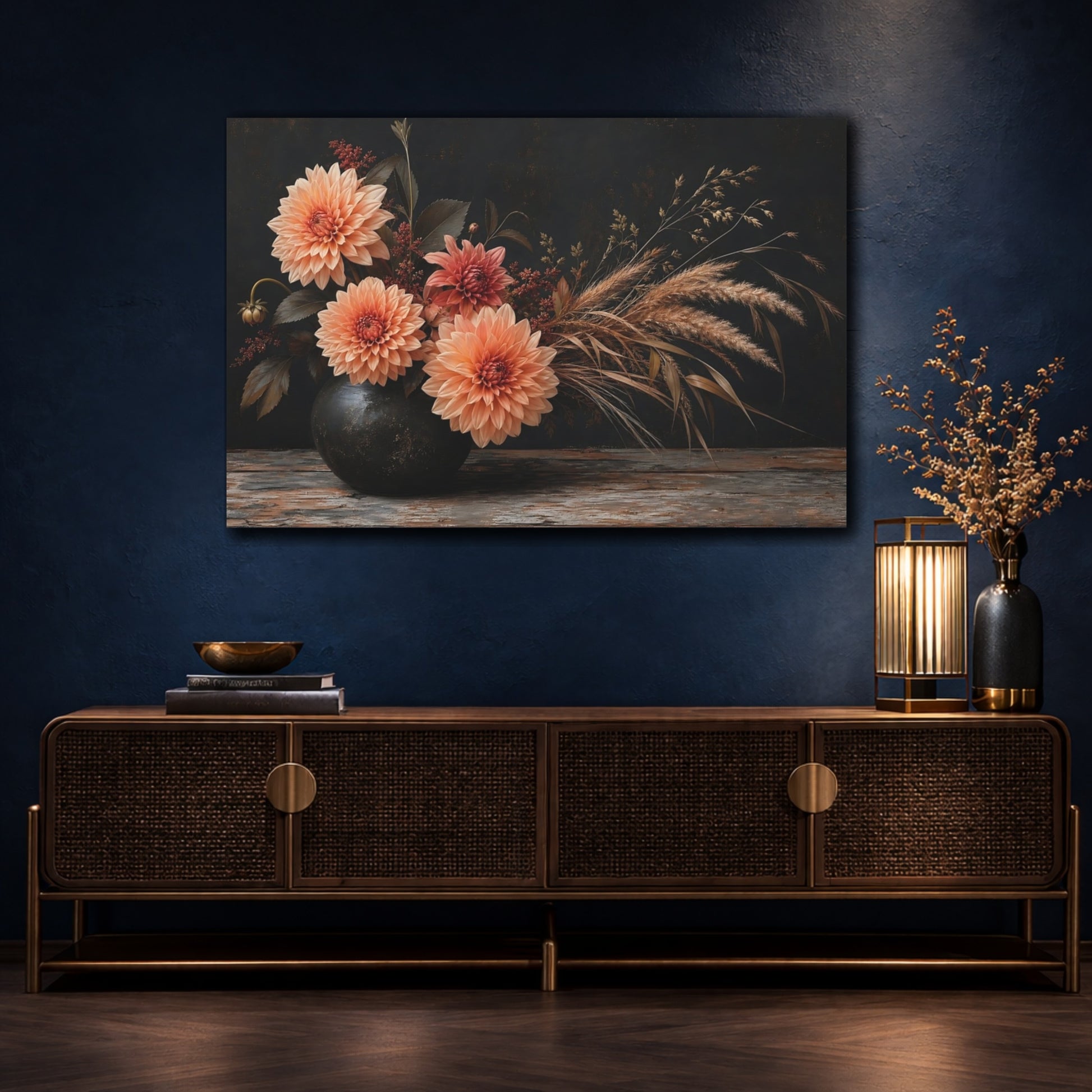 Mockup 4. Floral Dahlias Dark Floral Arrangement shown as stretched canvas wall art