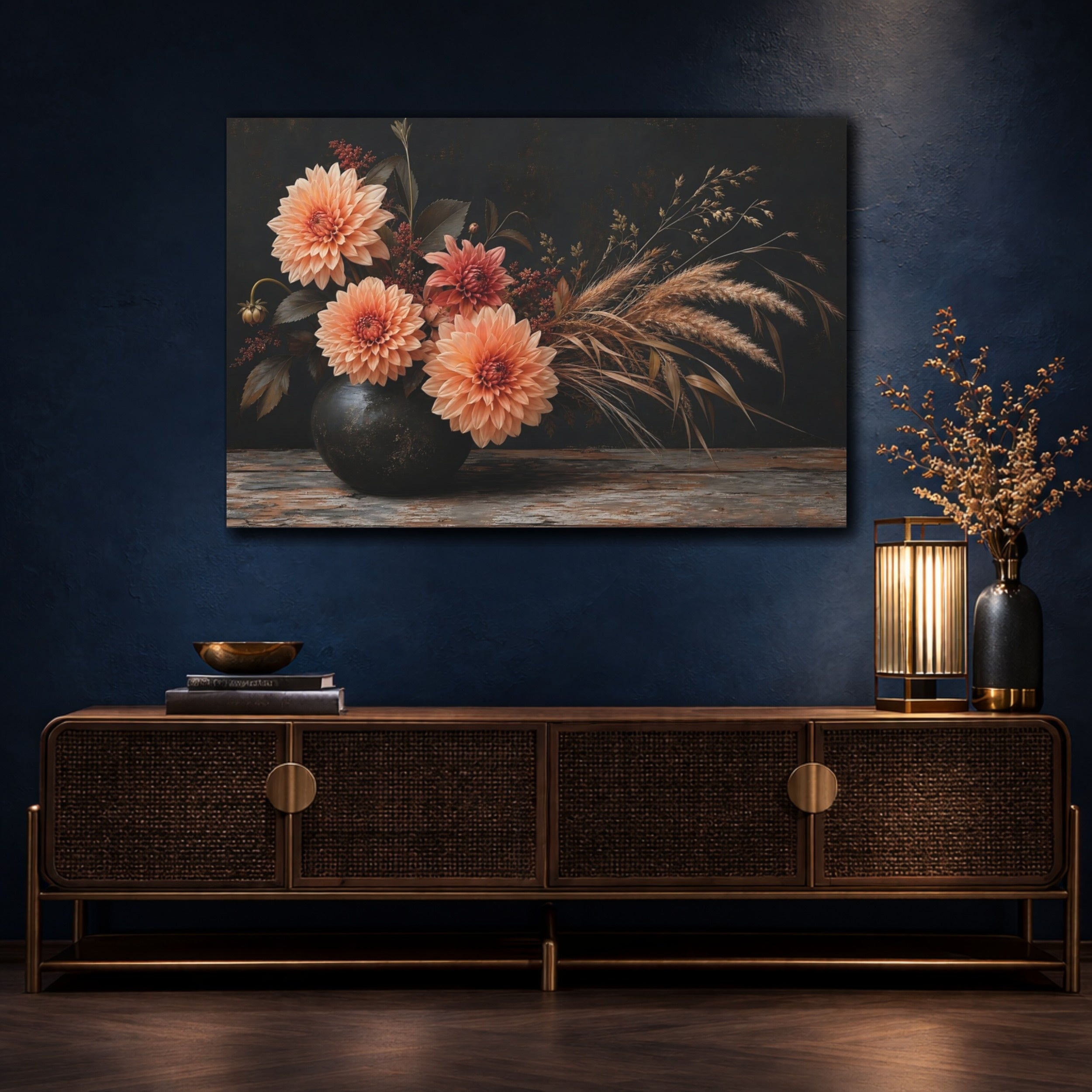 Mockup 4. Floral Dahlias Dark Floral Arrangement shown as stretched canvas wall art