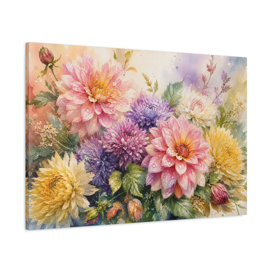 Main Mockup. Floral Dahlias Multi-Color Floral shown as stretched canvas wall art