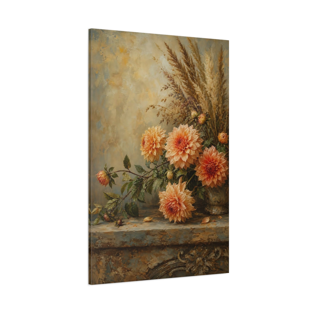 Side Mockup 1. Floral Dahlias Orange And Brown Floral shown as stretched canvas wall art