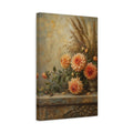 Side Mockup 4. Floral Dahlias Orange And Brown Floral shown as stretched canvas wall art