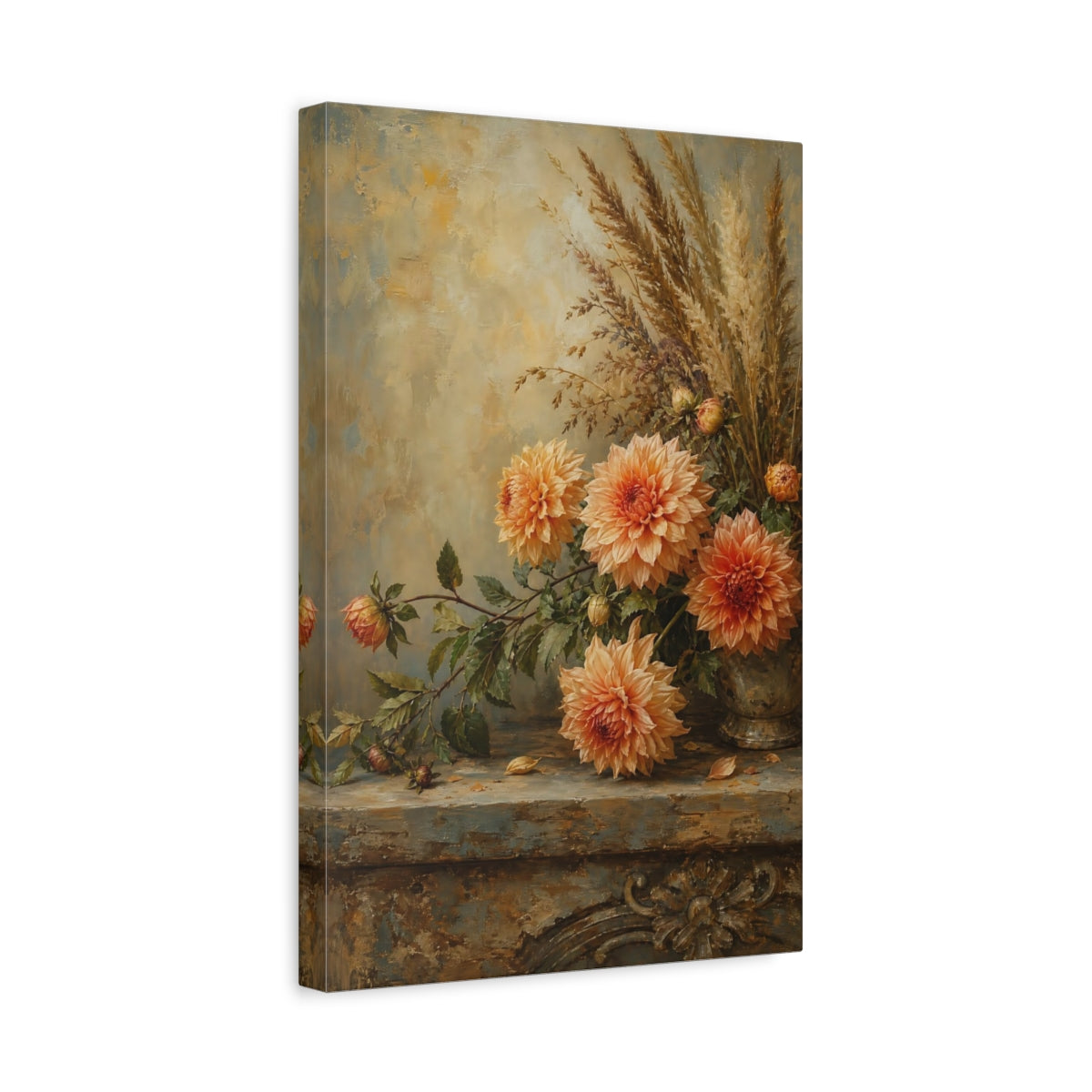 Side Mockup 4. Floral Dahlias Orange And Brown Floral shown as stretched canvas wall art