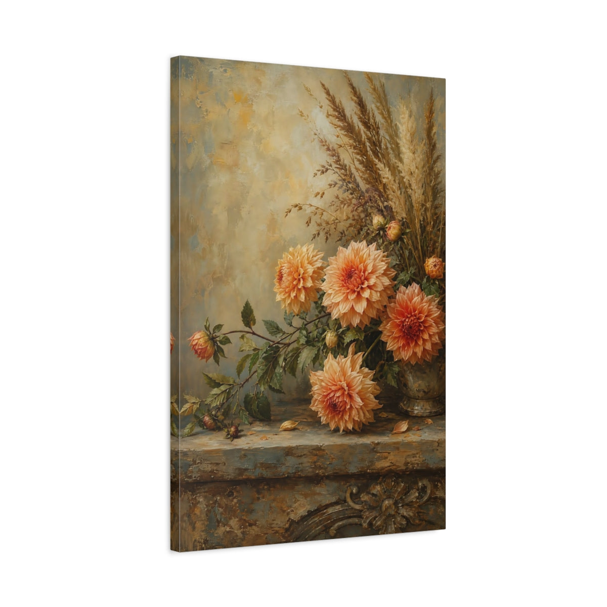 Side Mockup 2. Floral Dahlias Orange And Brown Floral shown as stretched canvas wall art
