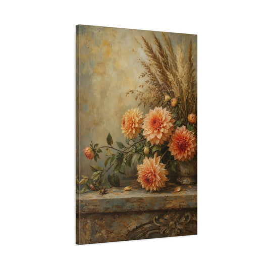Main Mockup. Floral Dahlias Orange And Brown Floral shown as stretched canvas wall art