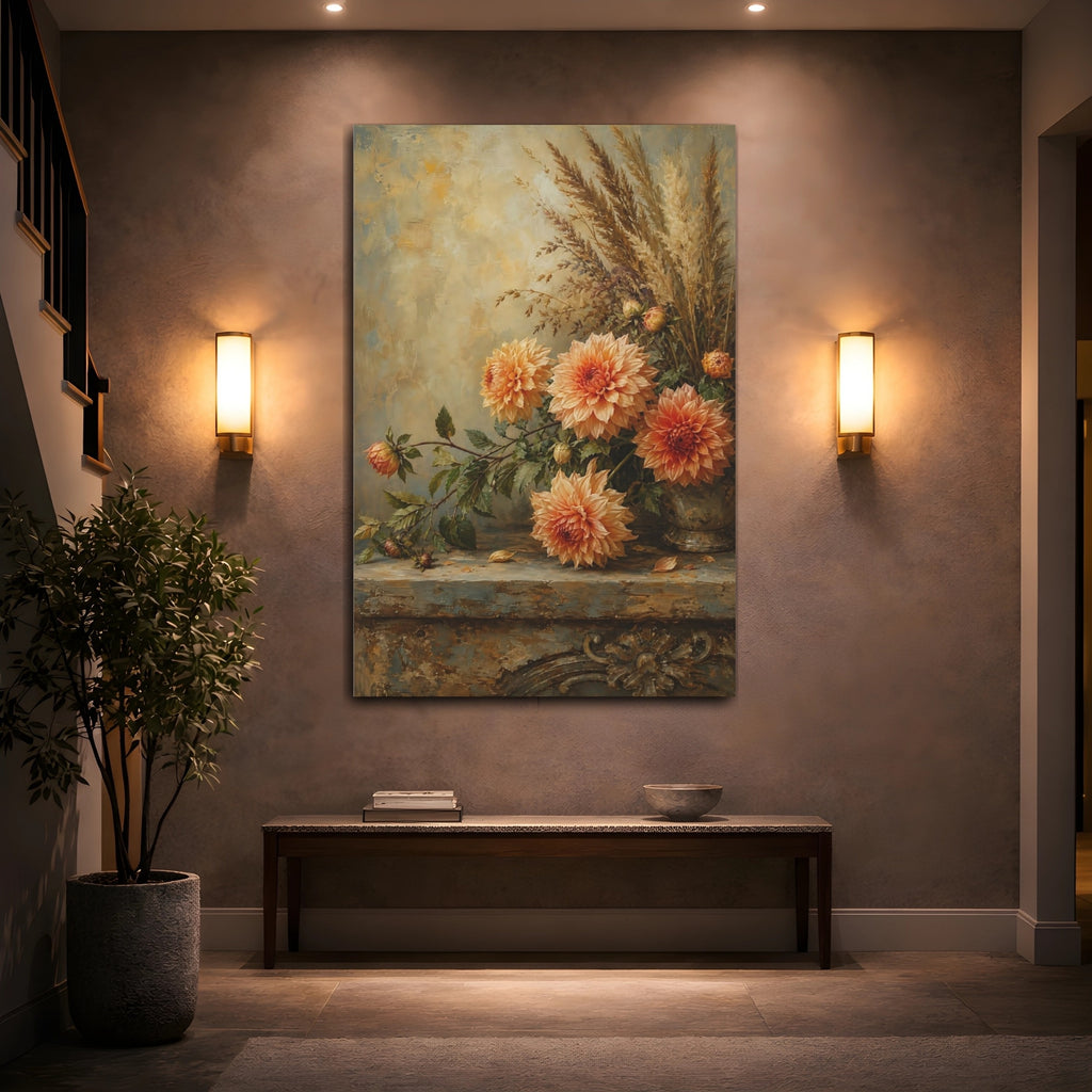 Mockup 2. Floral Dahlias Orange And Brown Floral shown as stretched canvas wall art