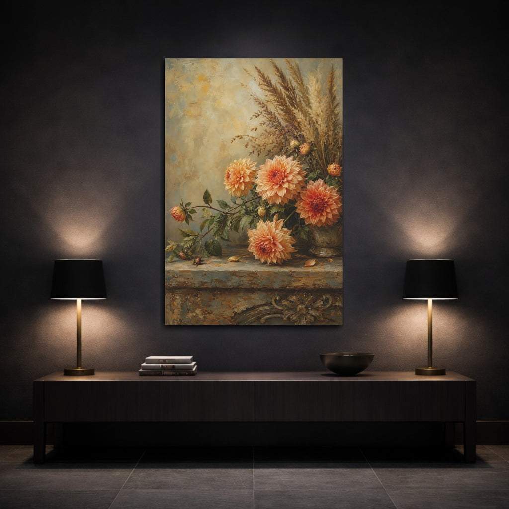 Mockup 3. Floral Dahlias Orange And Brown Floral shown as stretched canvas wall art