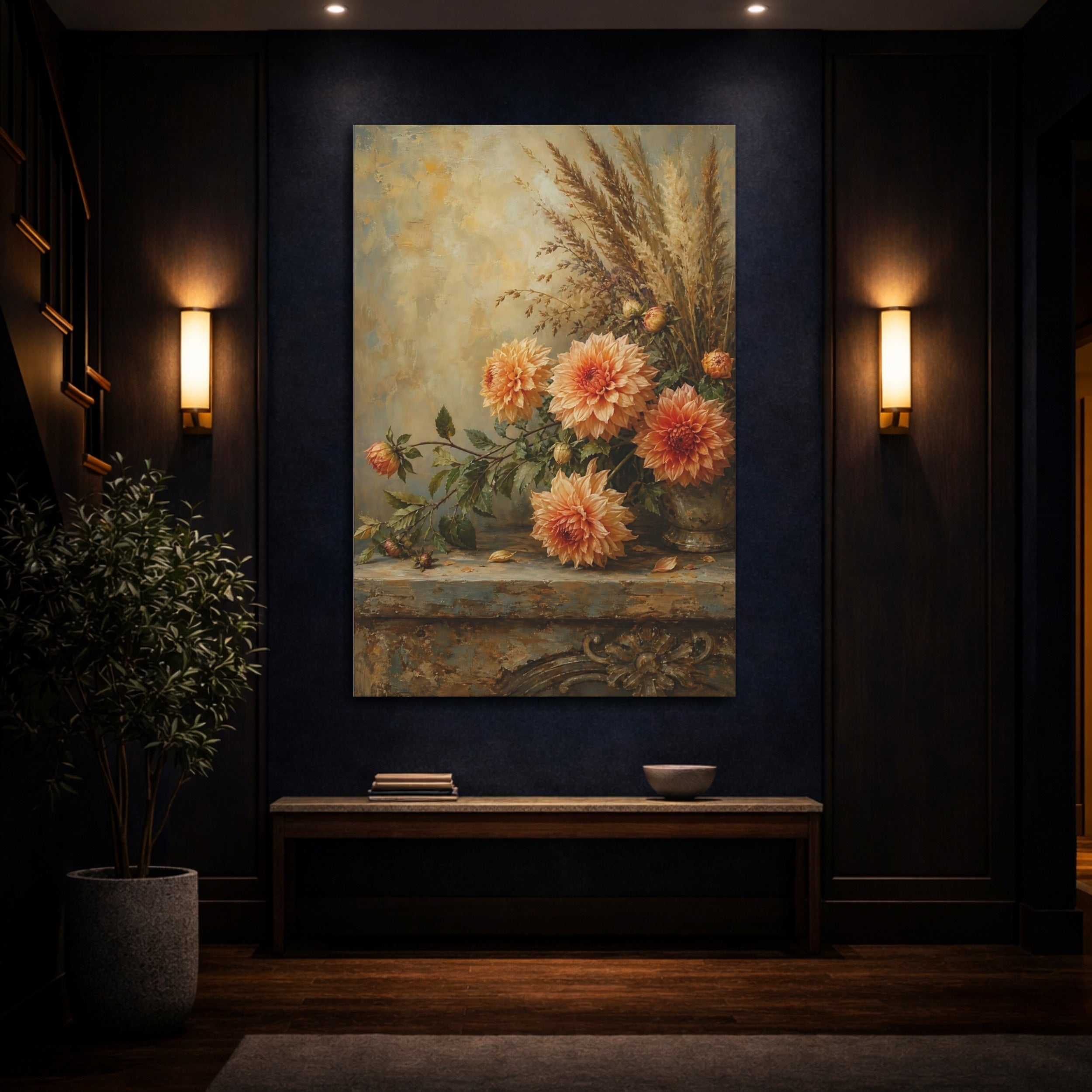 Mockup 4. Floral Dahlias Orange And Brown Floral shown as stretched canvas wall art