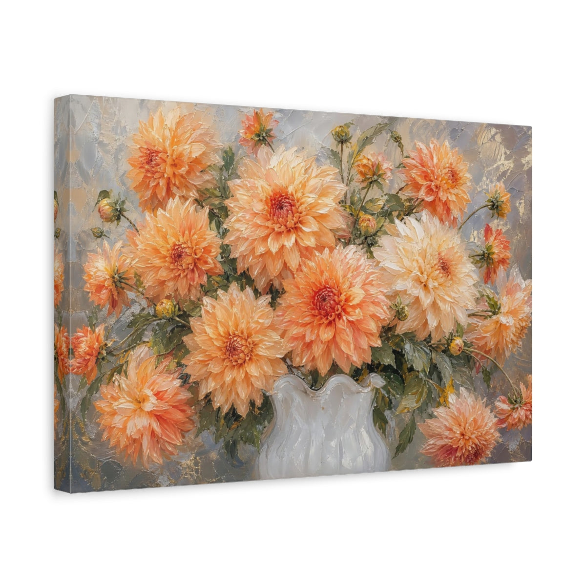 Side Mockup 4. Floral Dahlias Orange Dahlias shown as stretched canvas wall art