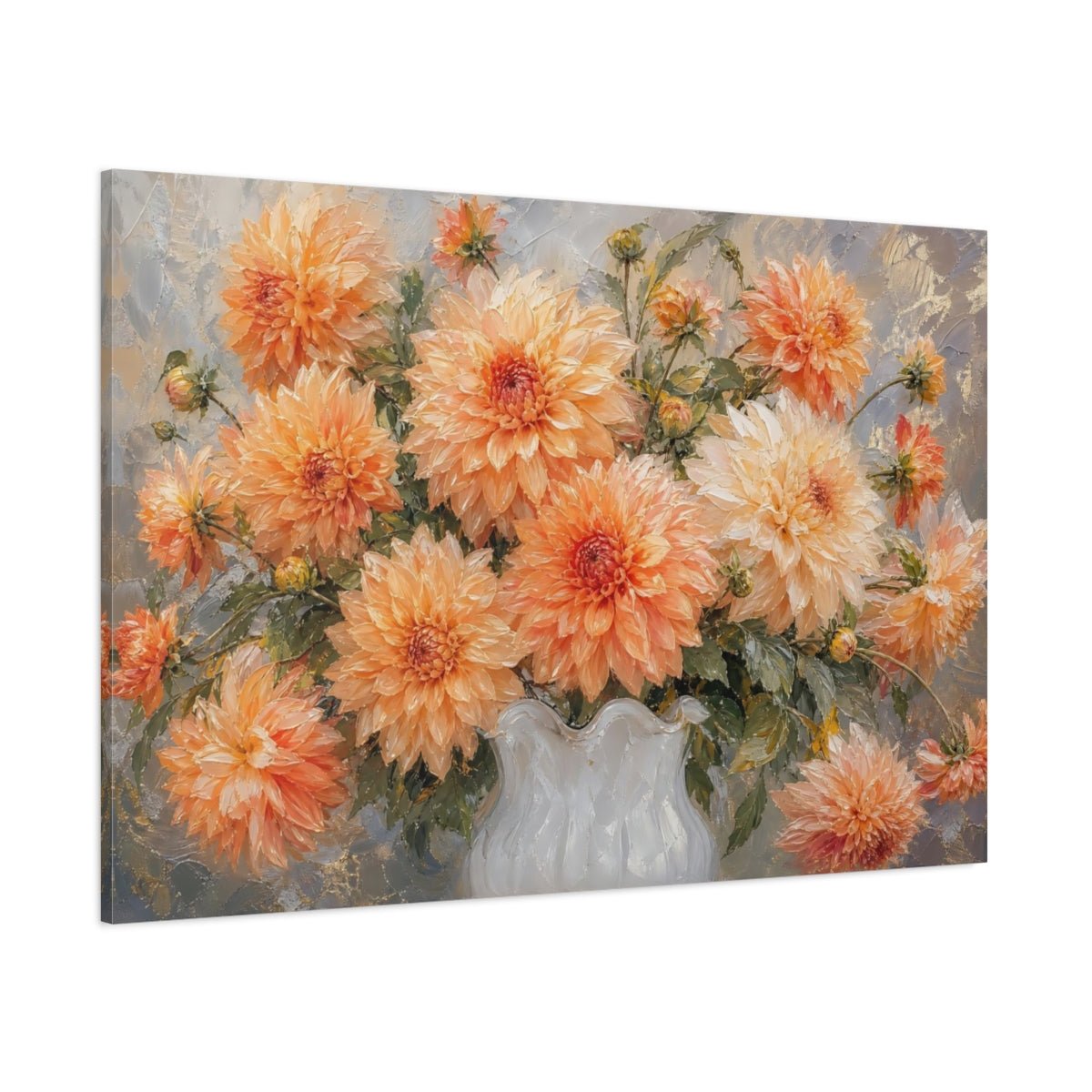 Side Mockup 1. Floral Dahlias Orange Dahlias shown as stretched canvas wall art