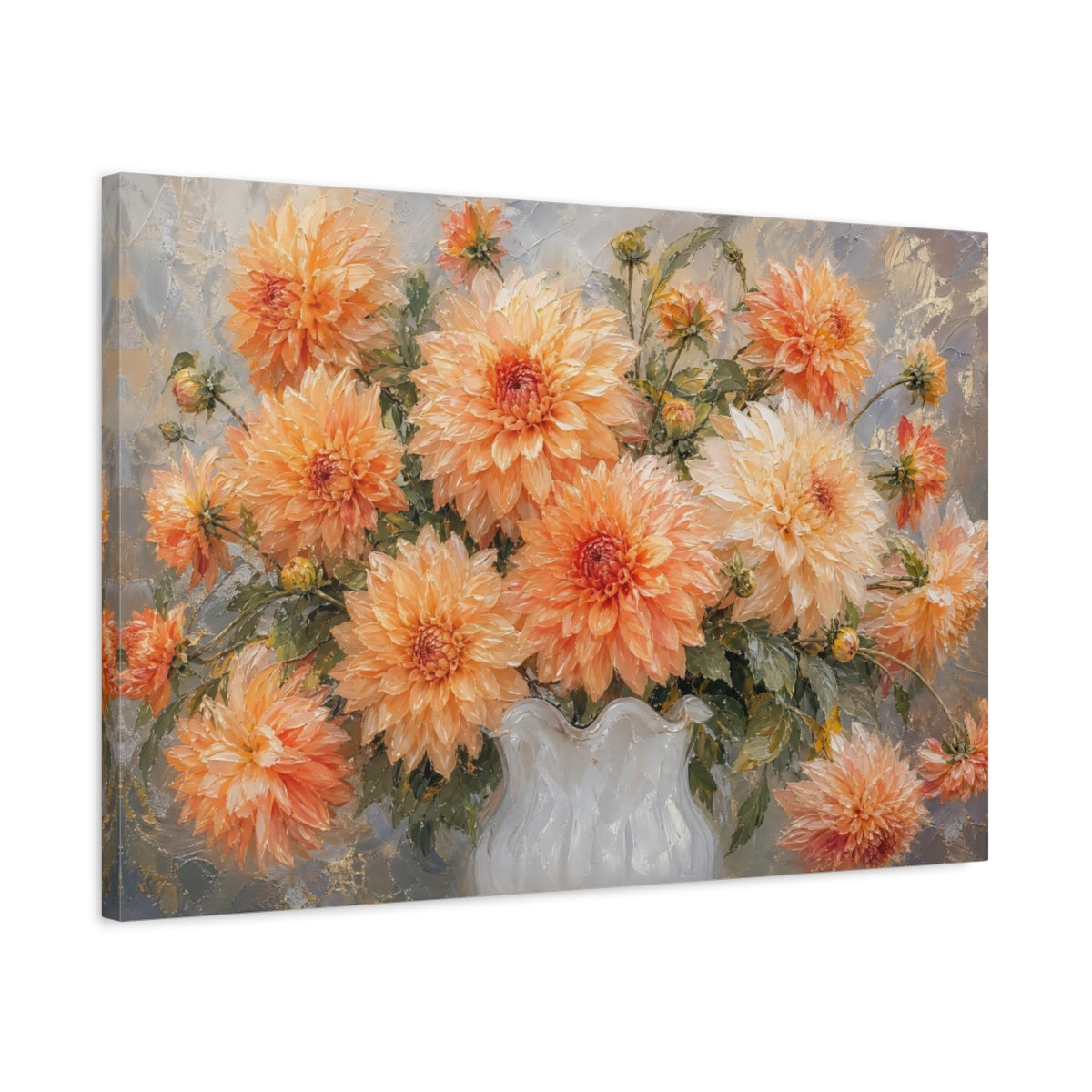 Side Mockup 2. Floral Dahlias Orange Dahlias shown as stretched canvas wall art