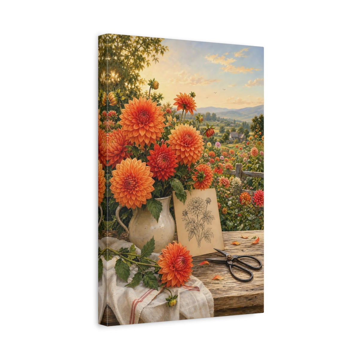 Side Mockup 4. Floral Dahlias Orange Dahlias shown as stretched canvas wall art
