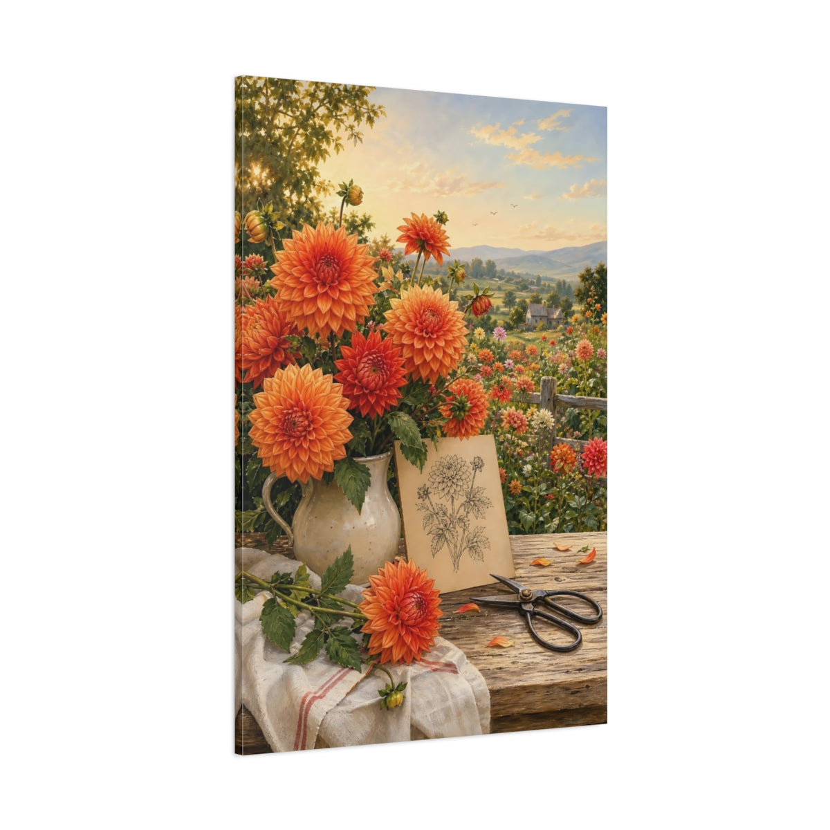 Side Mockup 1. Floral Dahlias Orange Dahlias shown as stretched canvas wall art
