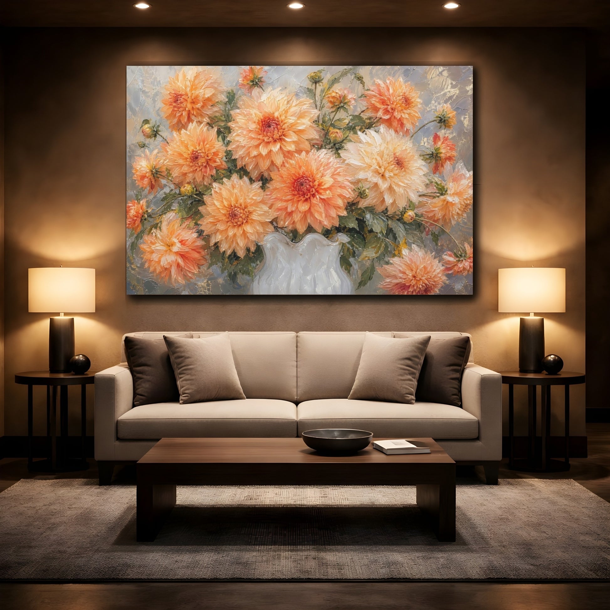 Mockup 2. Floral Dahlias Orange Dahlias shown as stretched canvas wall art